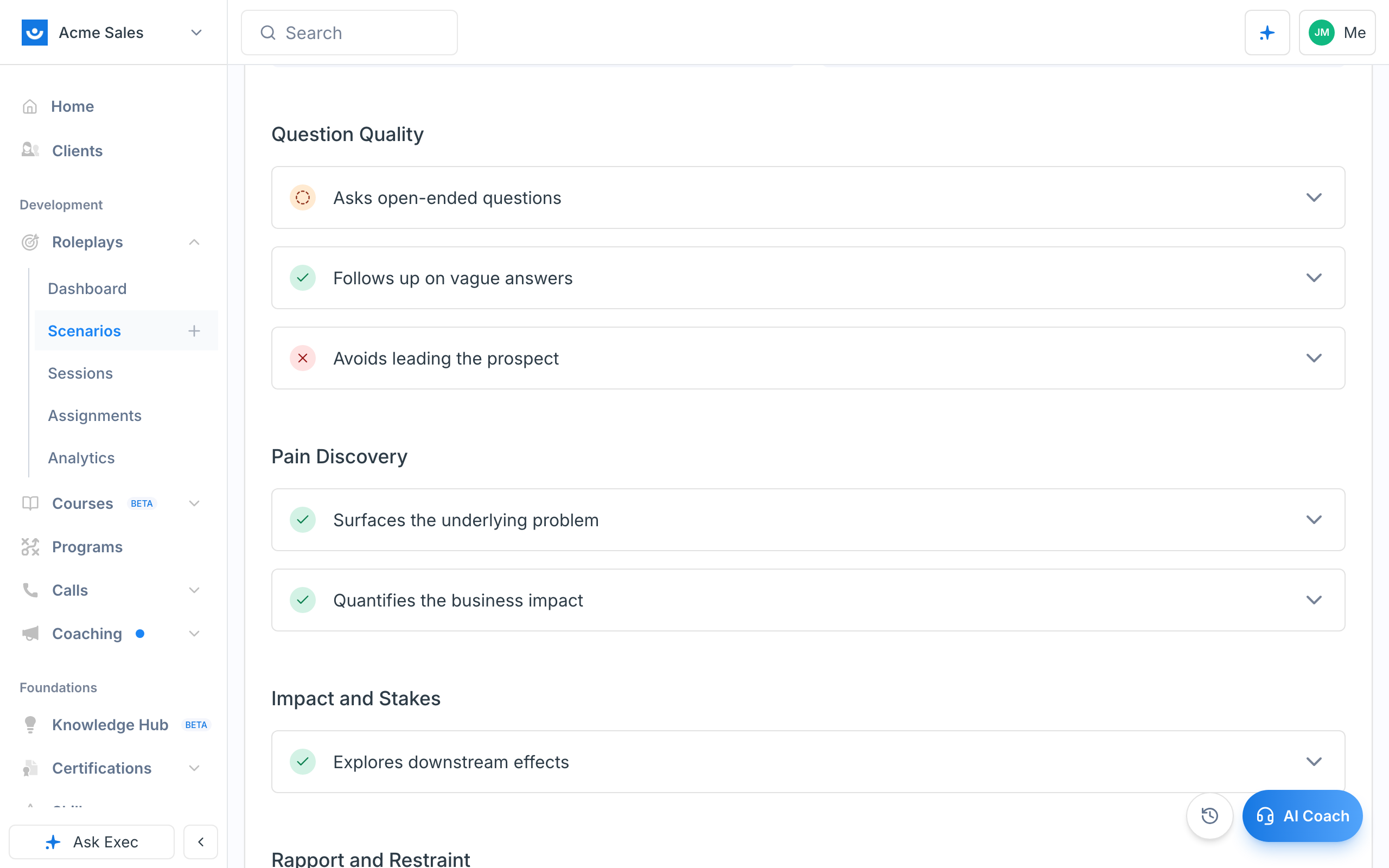 Evaluation criteria grouped into categories, each with a pass, fair, or missed status icon