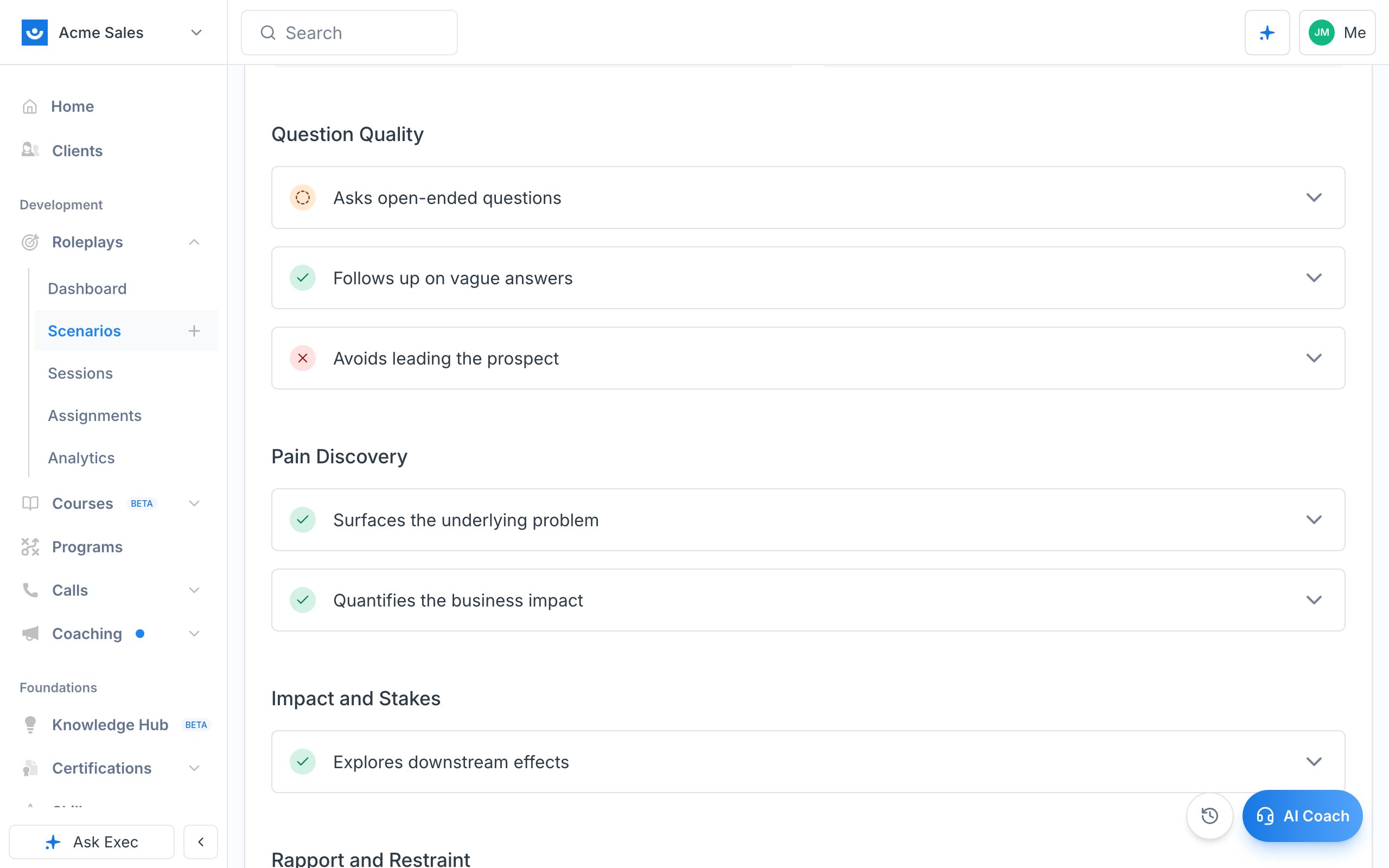 Evaluation criteria grouped into categories, each with a pass, fair, or missed status icon