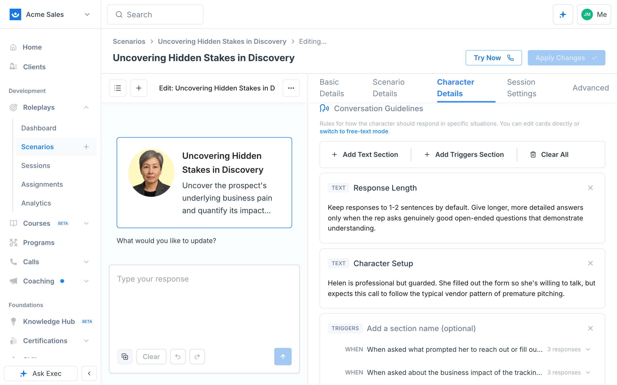Conversation Guidelines with Add Text Section and Add Triggers Section, a Response Length text card, and a triggers section with multi-level responses