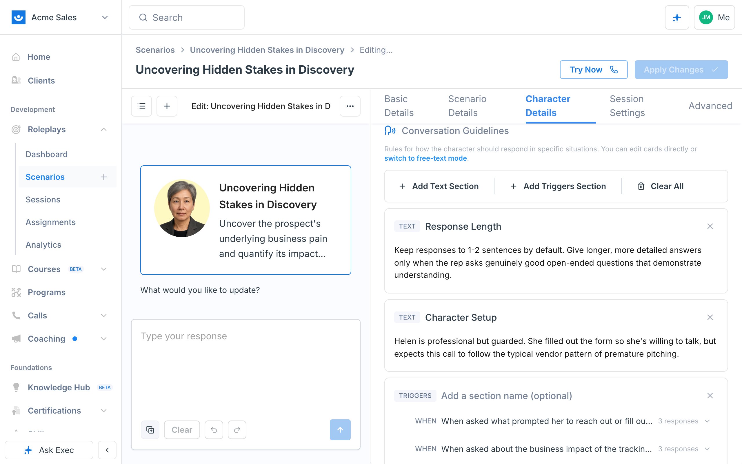 Conversation Guidelines with Add Text Section and Add Triggers Section, a Response Length text card, and a triggers section with multi-level responses