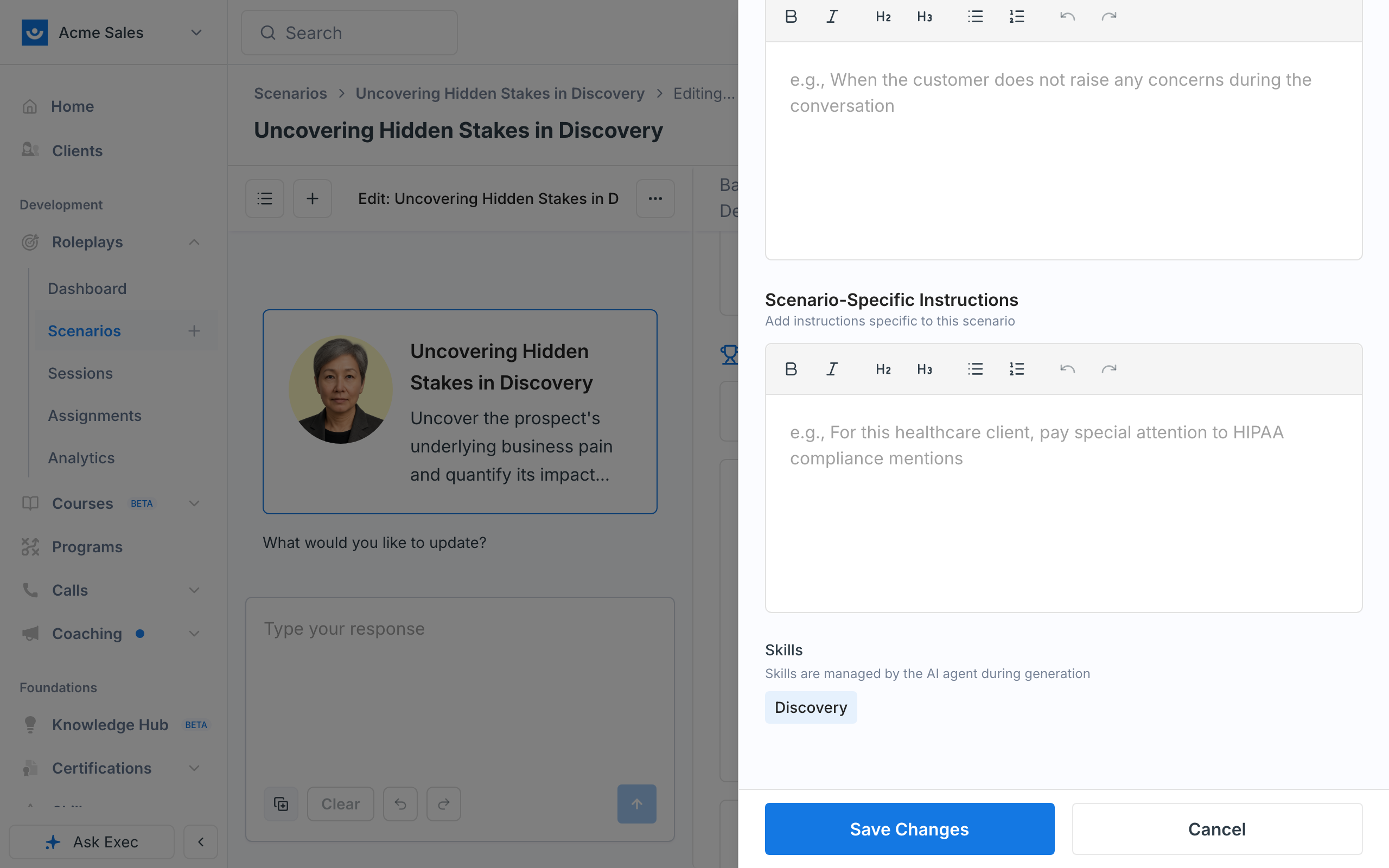 The Edit Behavior Item drawer showing Not Relevant for Grading, Scenario-Specific Instructions, and the agent-managed Skills field