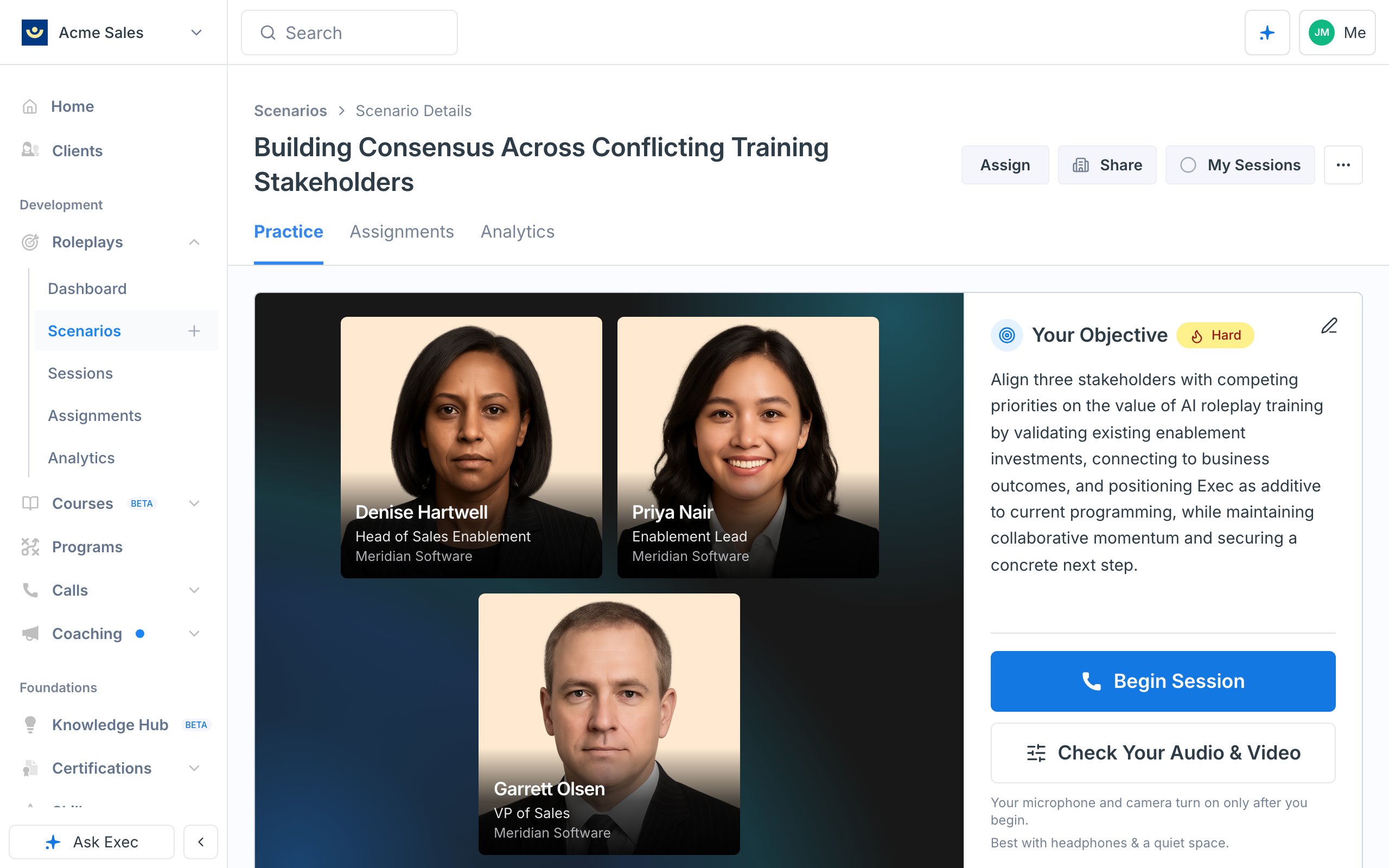 A three-persona scenario page showing Denise Hartwell, Priya Nair, and Garrett Olsen with the objective to align stakeholders with competing priorities