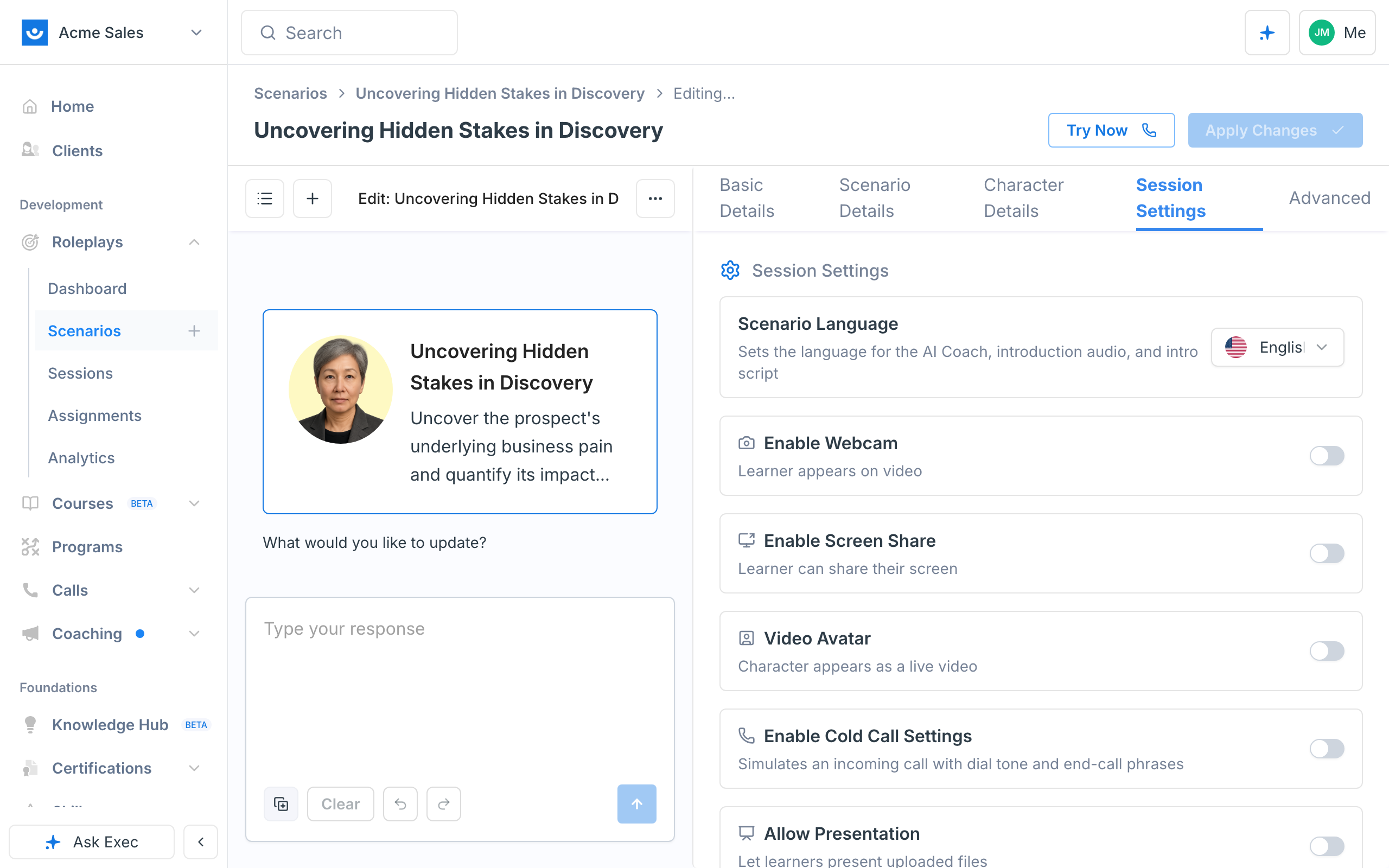 Session Settings with Scenario Language, Enable Webcam, Enable Screen Share, Video Avatar, Enable Cold Call Settings, and Allow Presentation