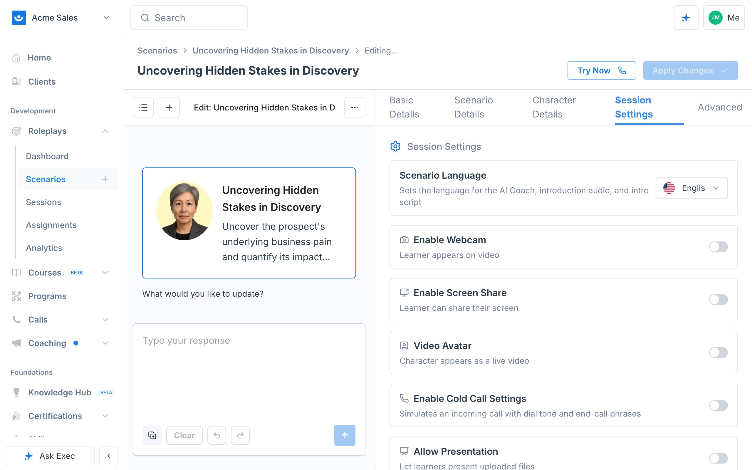 Session Settings with Scenario Language, Enable Webcam, Enable Screen Share, Video Avatar, Enable Cold Call Settings, and Allow Presentation