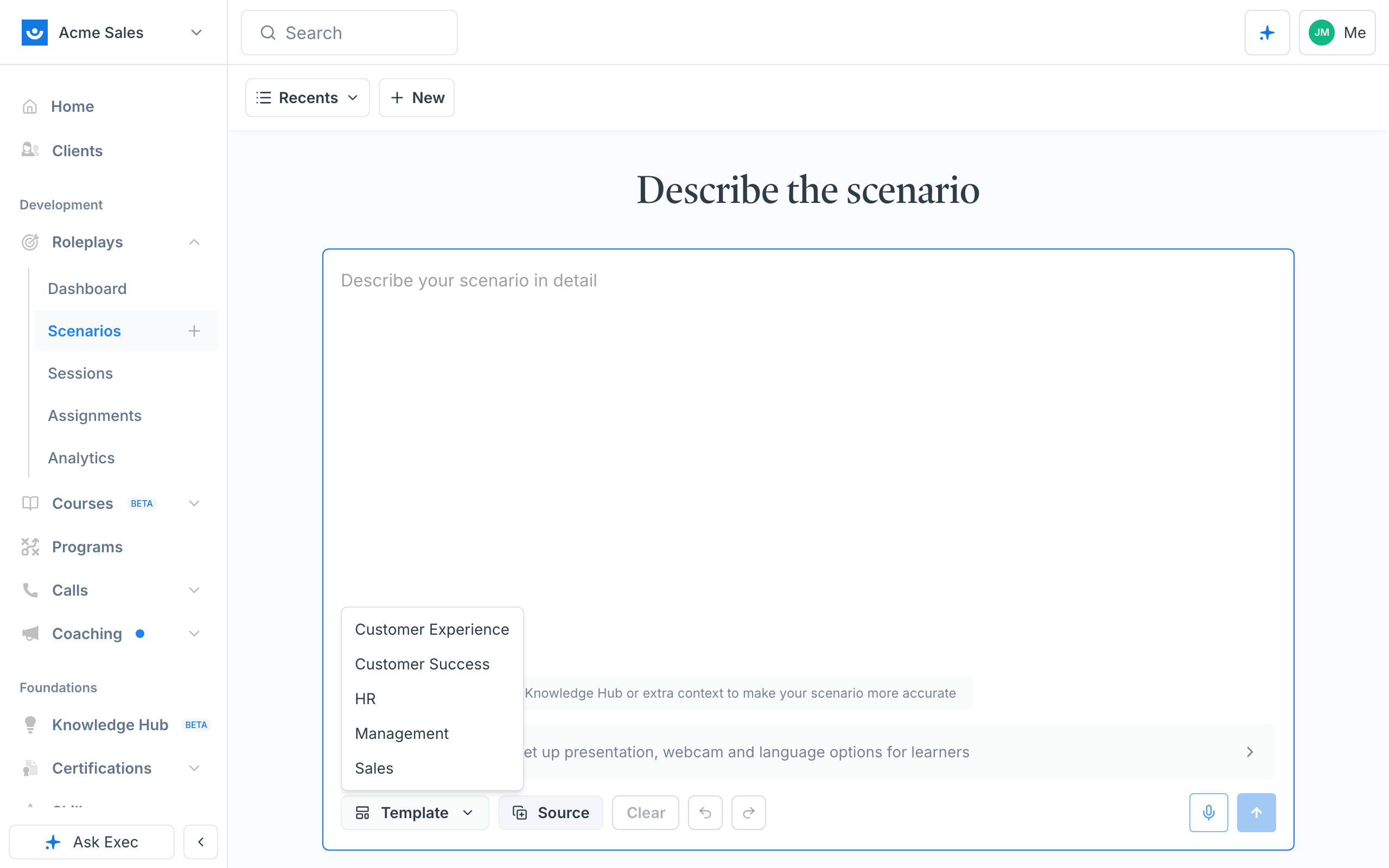 The Template menu on the create screen listing Customer Experience, Customer Success, HR, Management, and Sales