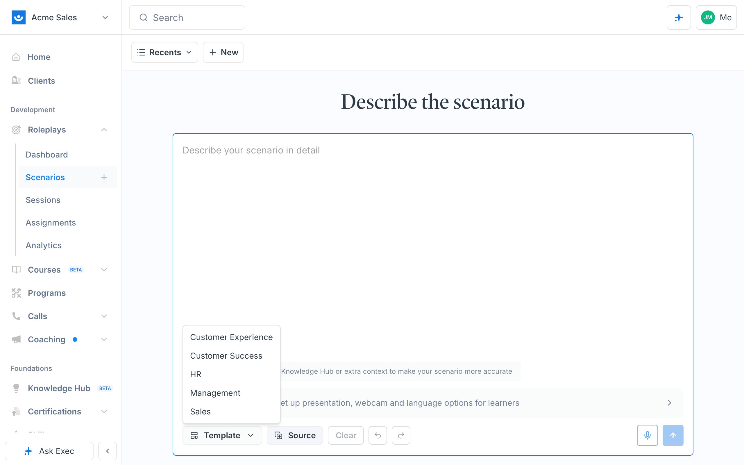 The Template menu on the create screen listing Customer Experience, Customer Success, HR, Management, and Sales