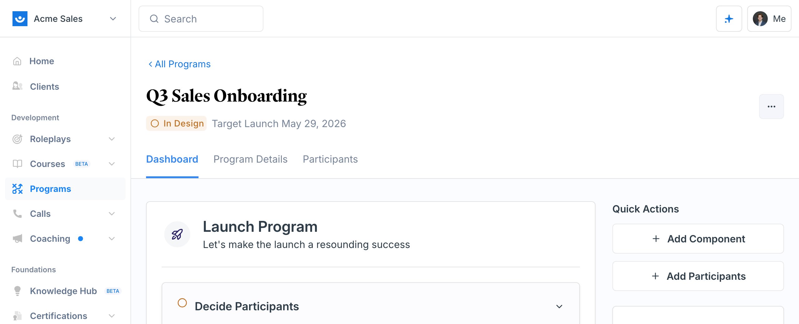 The program dashboard for a program still in design