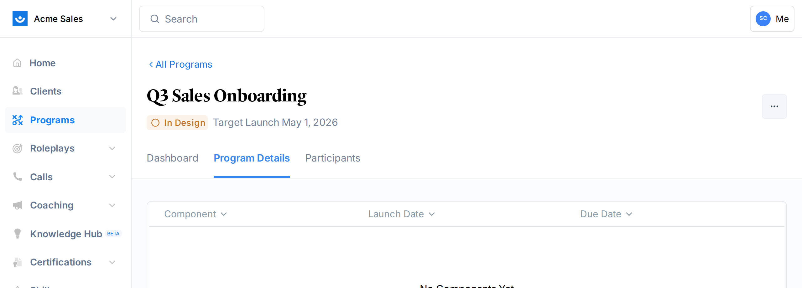Program Details tab showing the timeline and component table with launch, due, and close dates