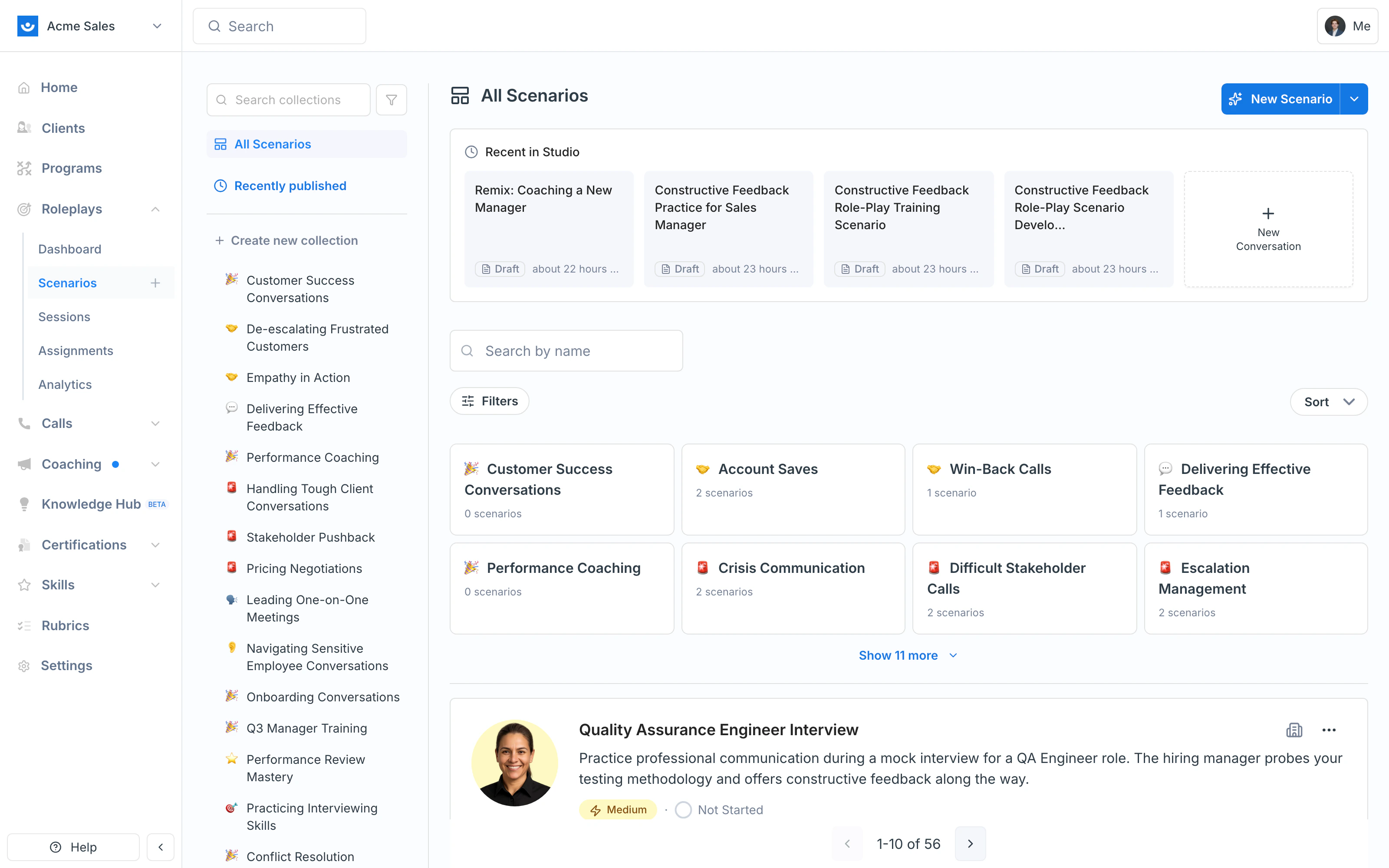 Scenarios page with the Collections sidebar on the left and the full scenario grid on the right