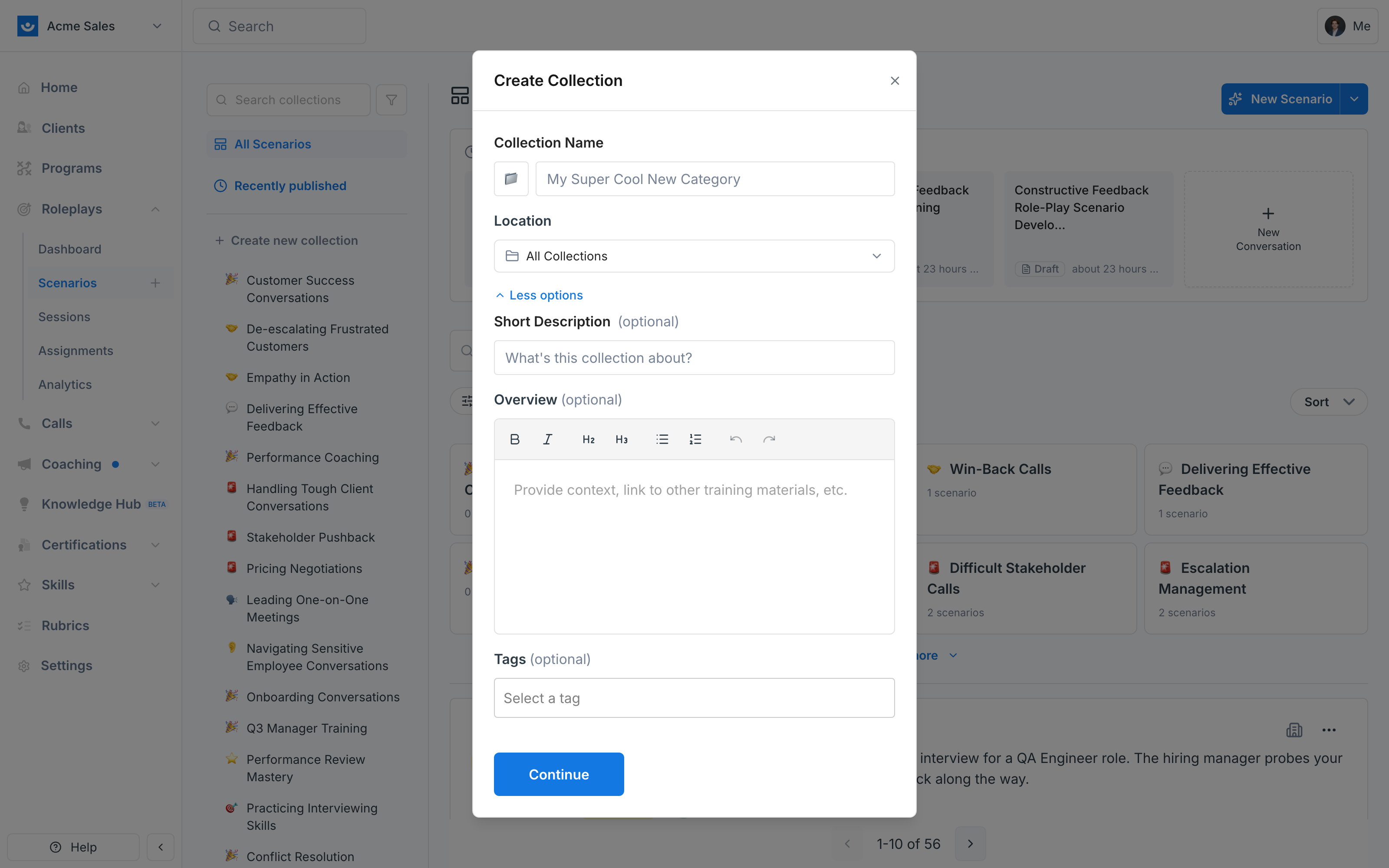 Create Collection dialog expanded with Short Description, Overview rich text editor, and Tags fields