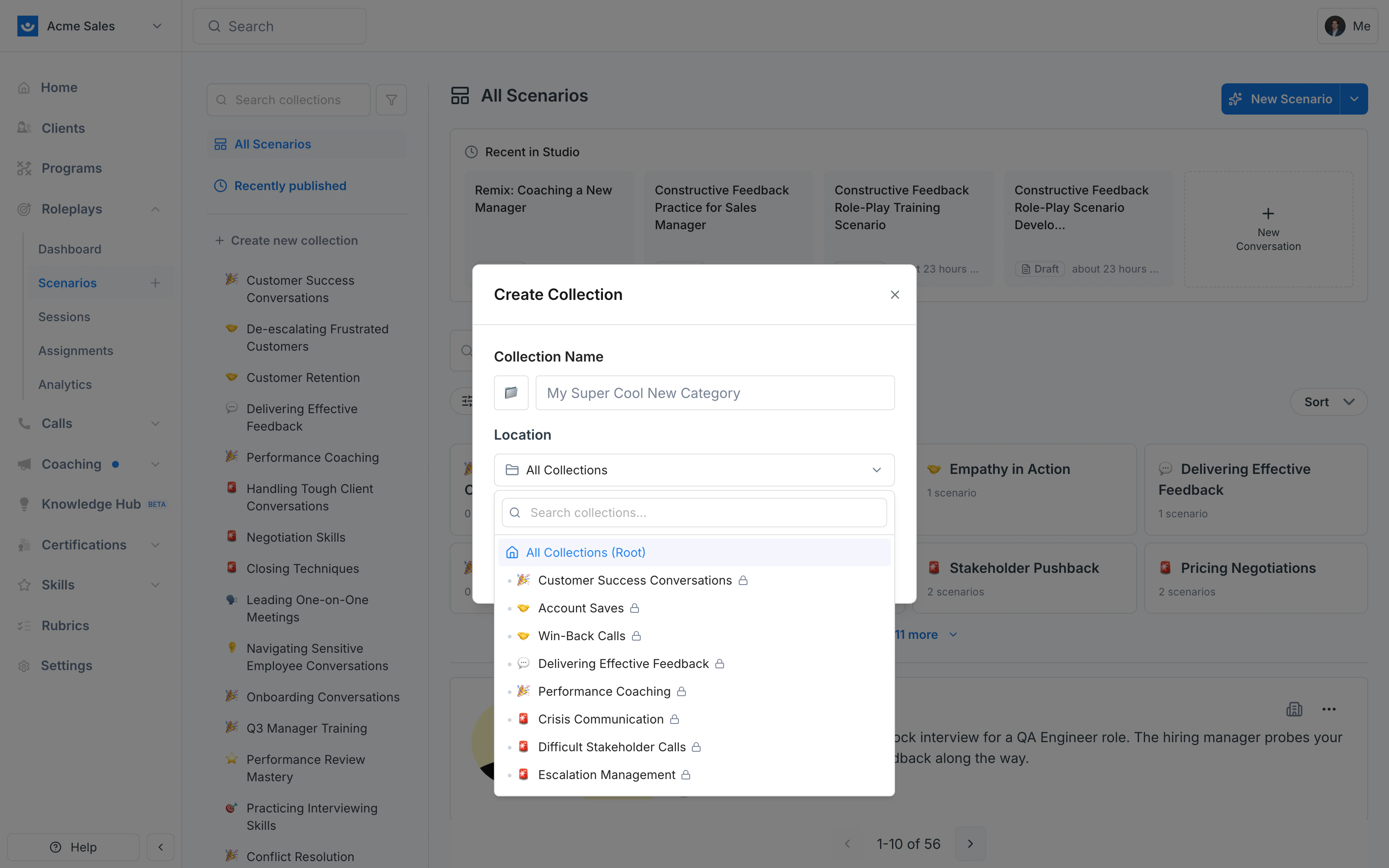 Create Collection dialog with the Location dropdown open showing existing collections you can nest under