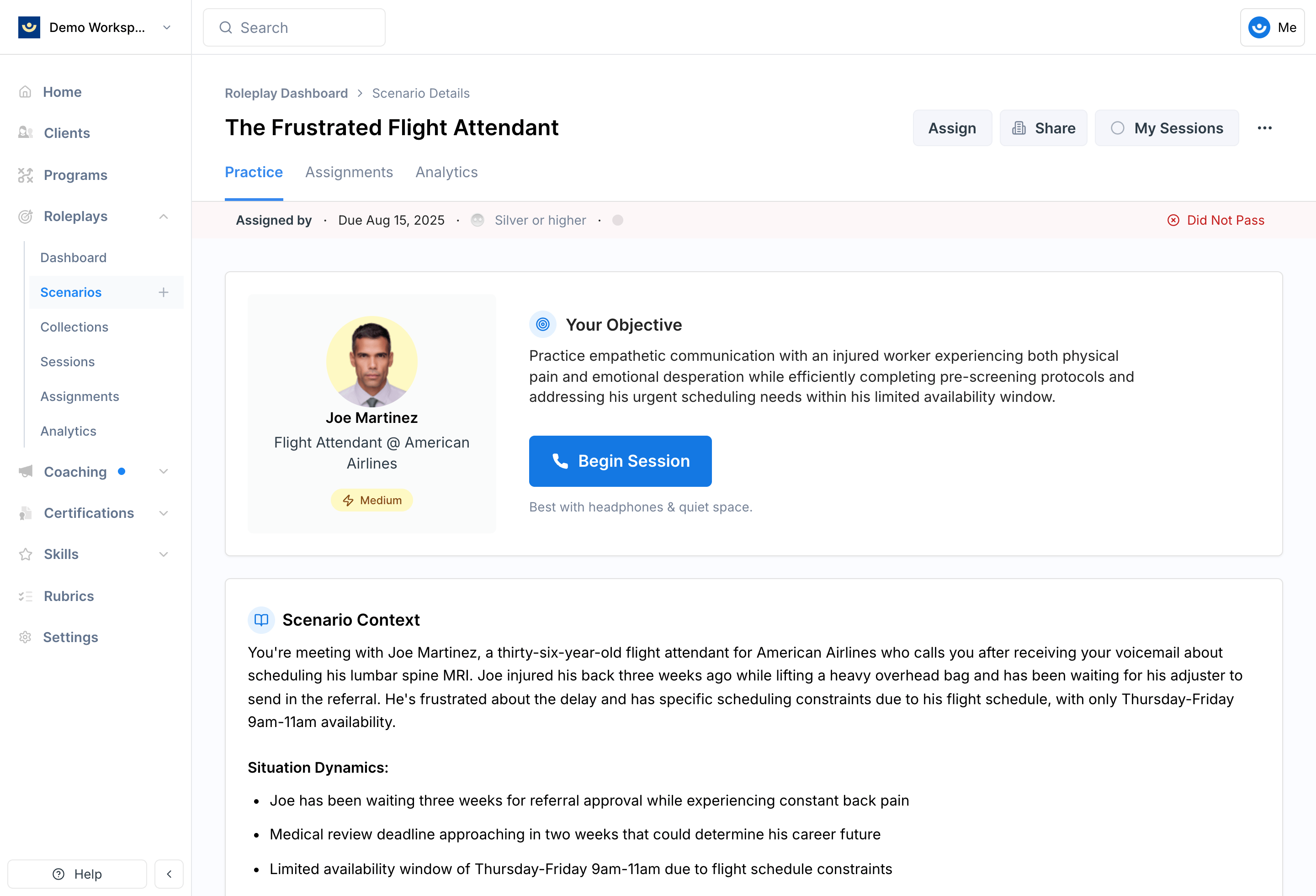 Scenario details page