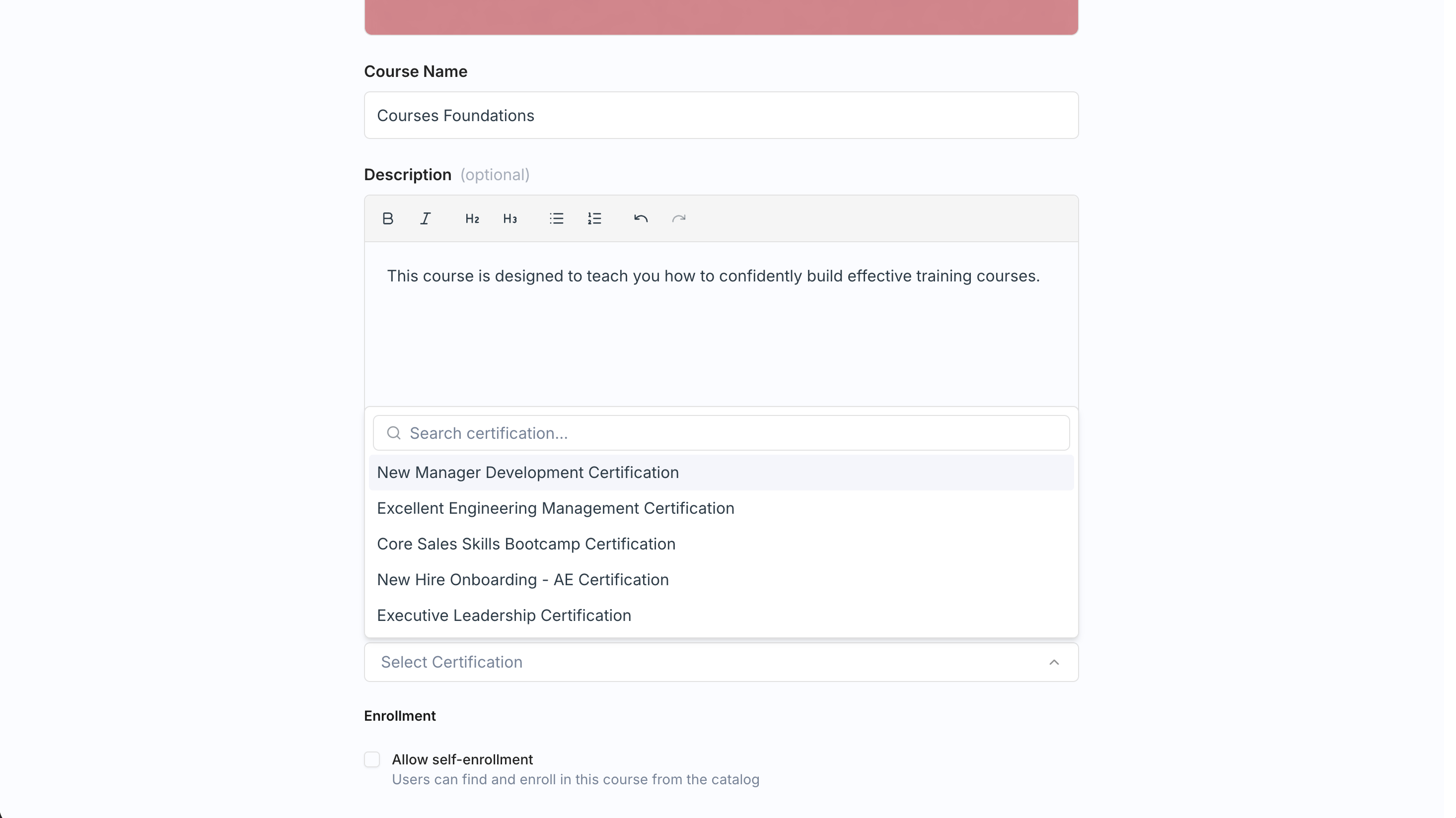 The Certification field in a course's Basic Details with the certification picker open