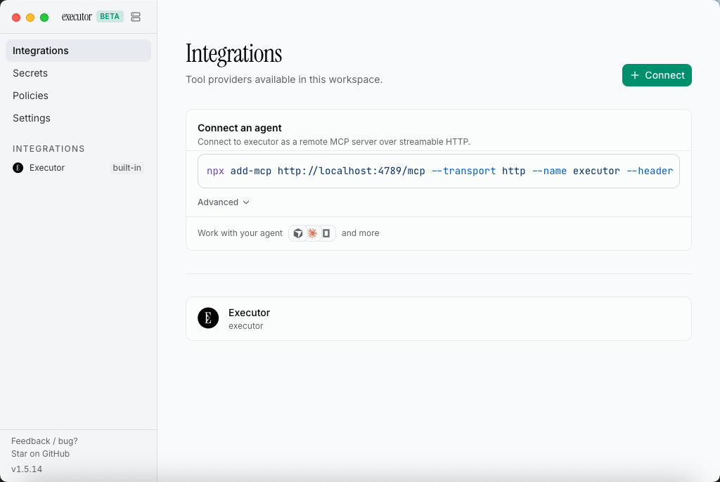 Executor desktop app showing the Integrations workspace