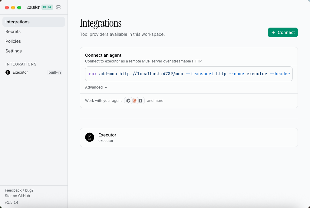 Executor desktop app showing the Integrations workspace