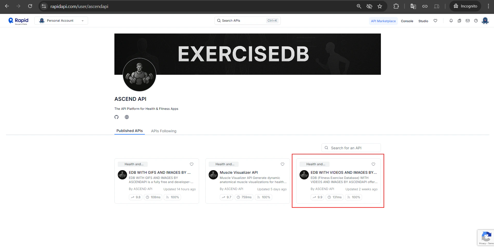 AscendAPI profile page — click on the EDB API, then click Subscribe to Test