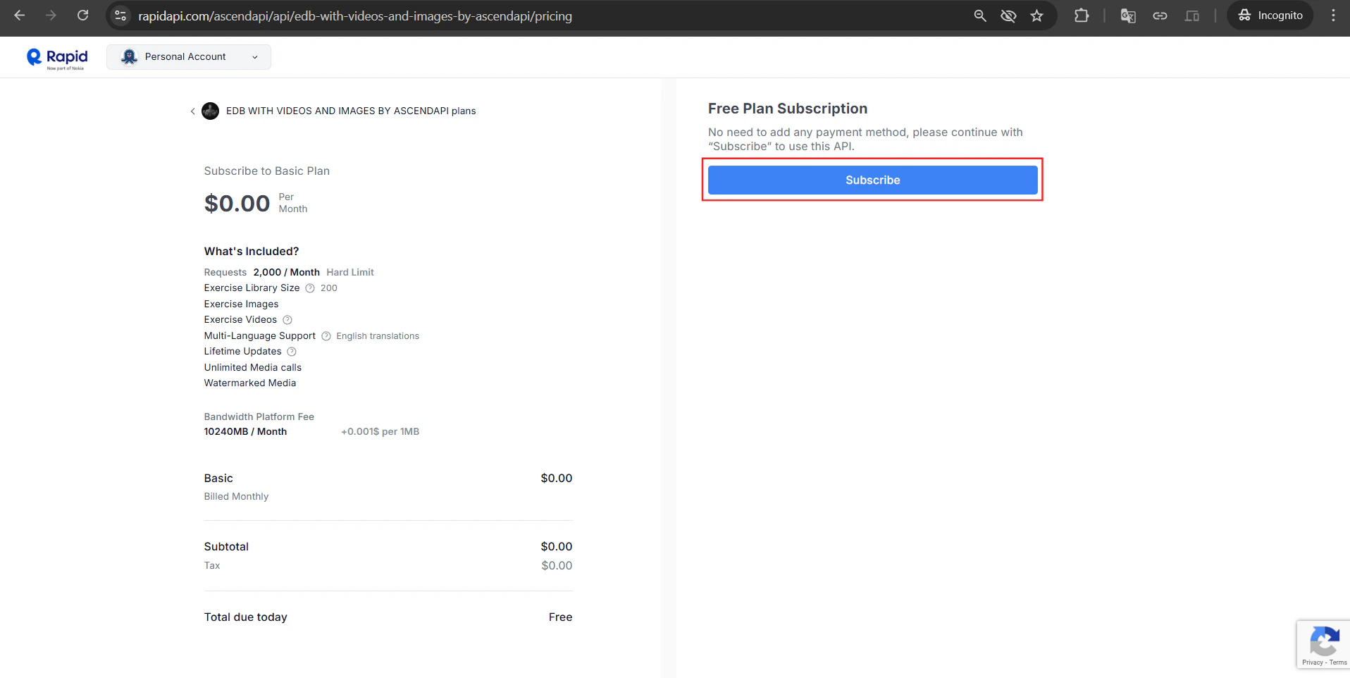 Select the Basic (free) plan and click Subscribe