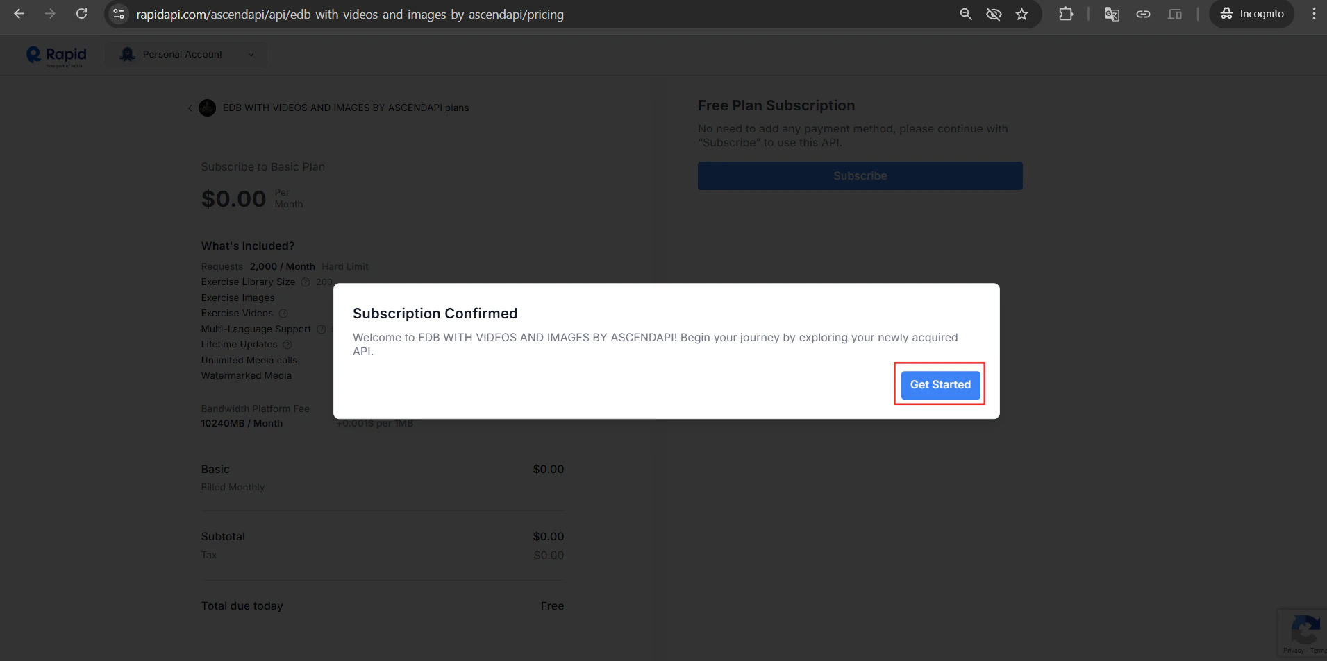 Subscription confirmed popup — click Get Started