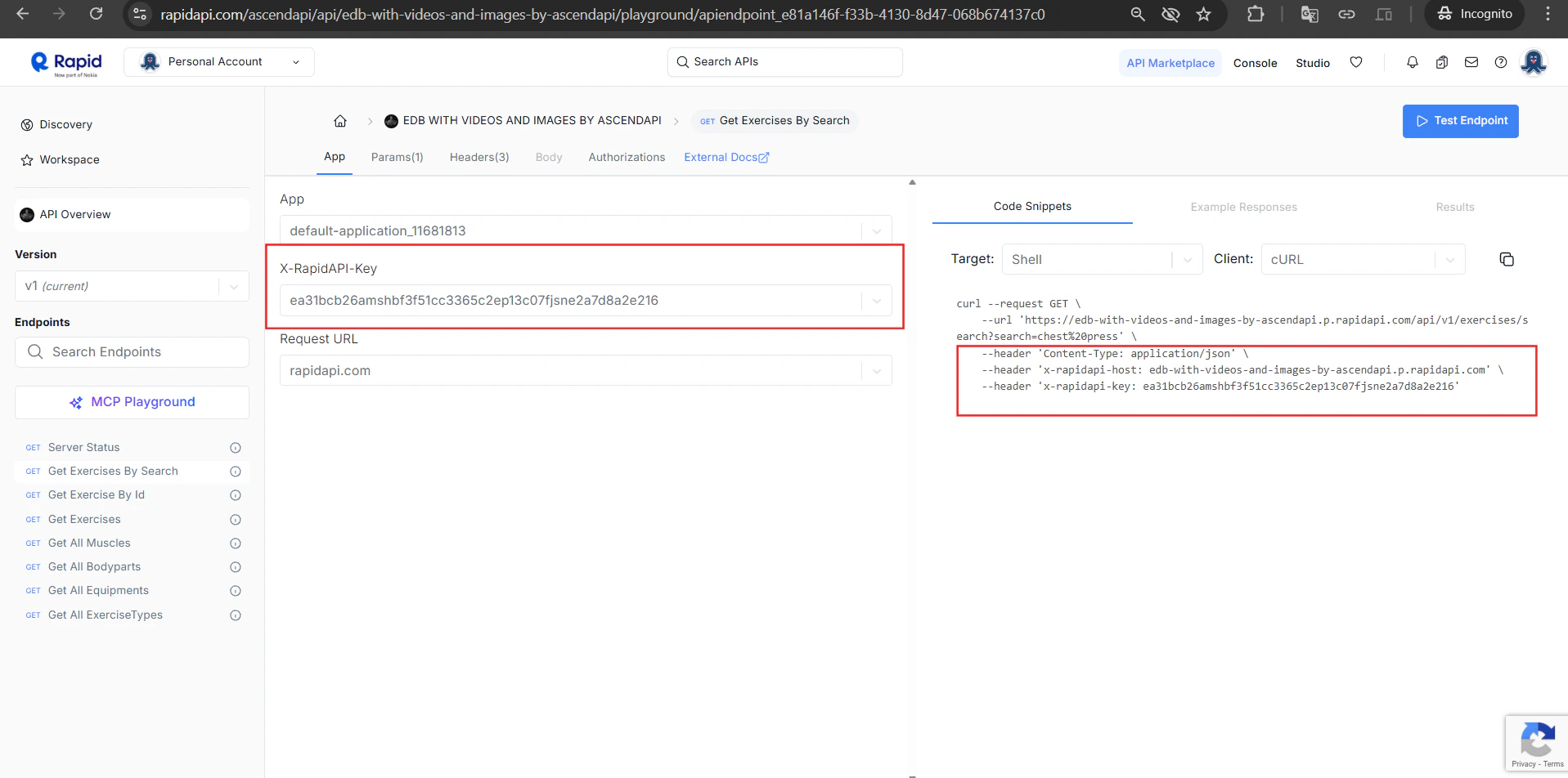 The App tab showing your X-RapidAPI-Key and X-RapidAPI-Host