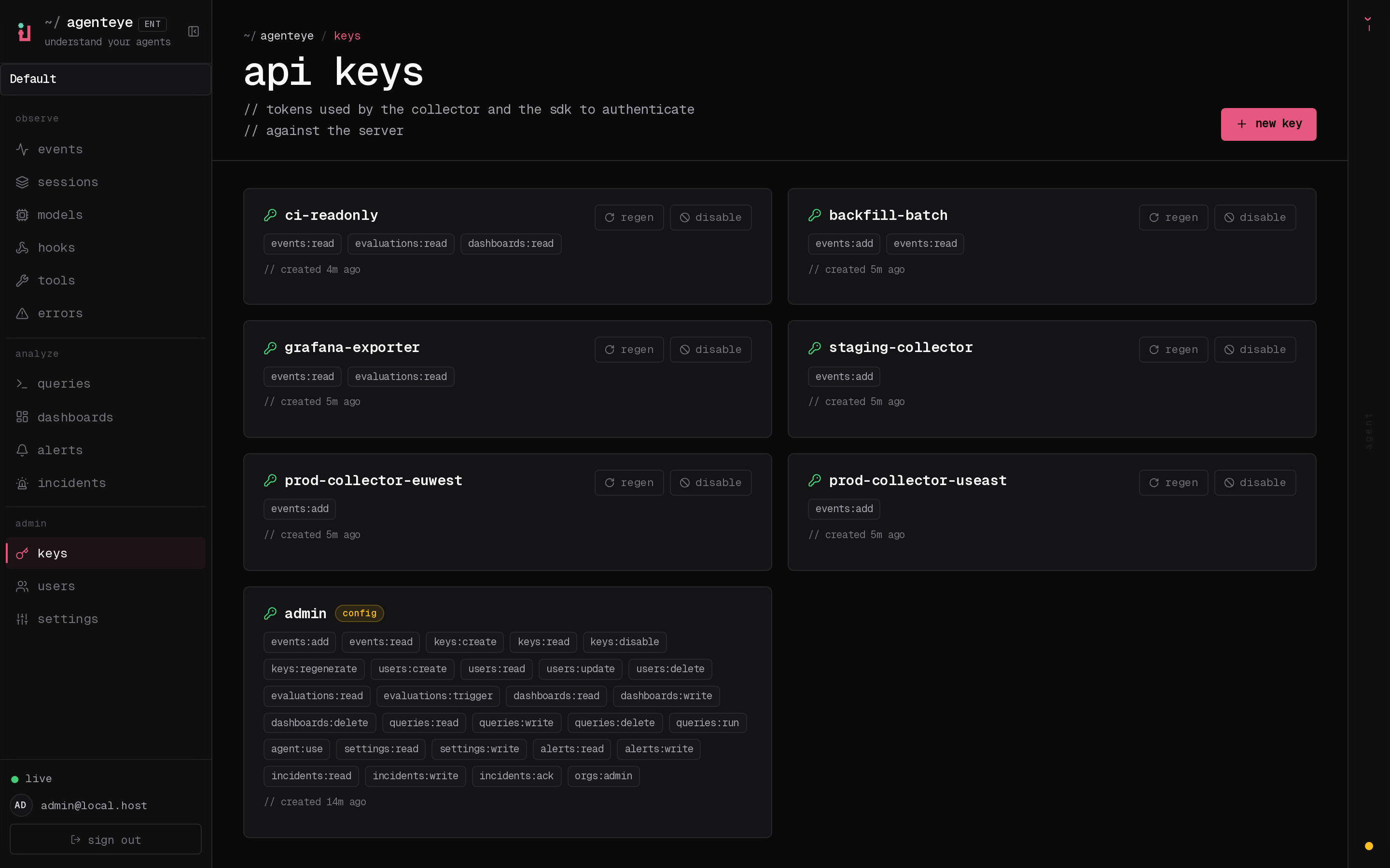 The API Keys page: a card per key showing its name, granted permissions, and creation time, with regenerate and disable actions; protected keys like admin are marked