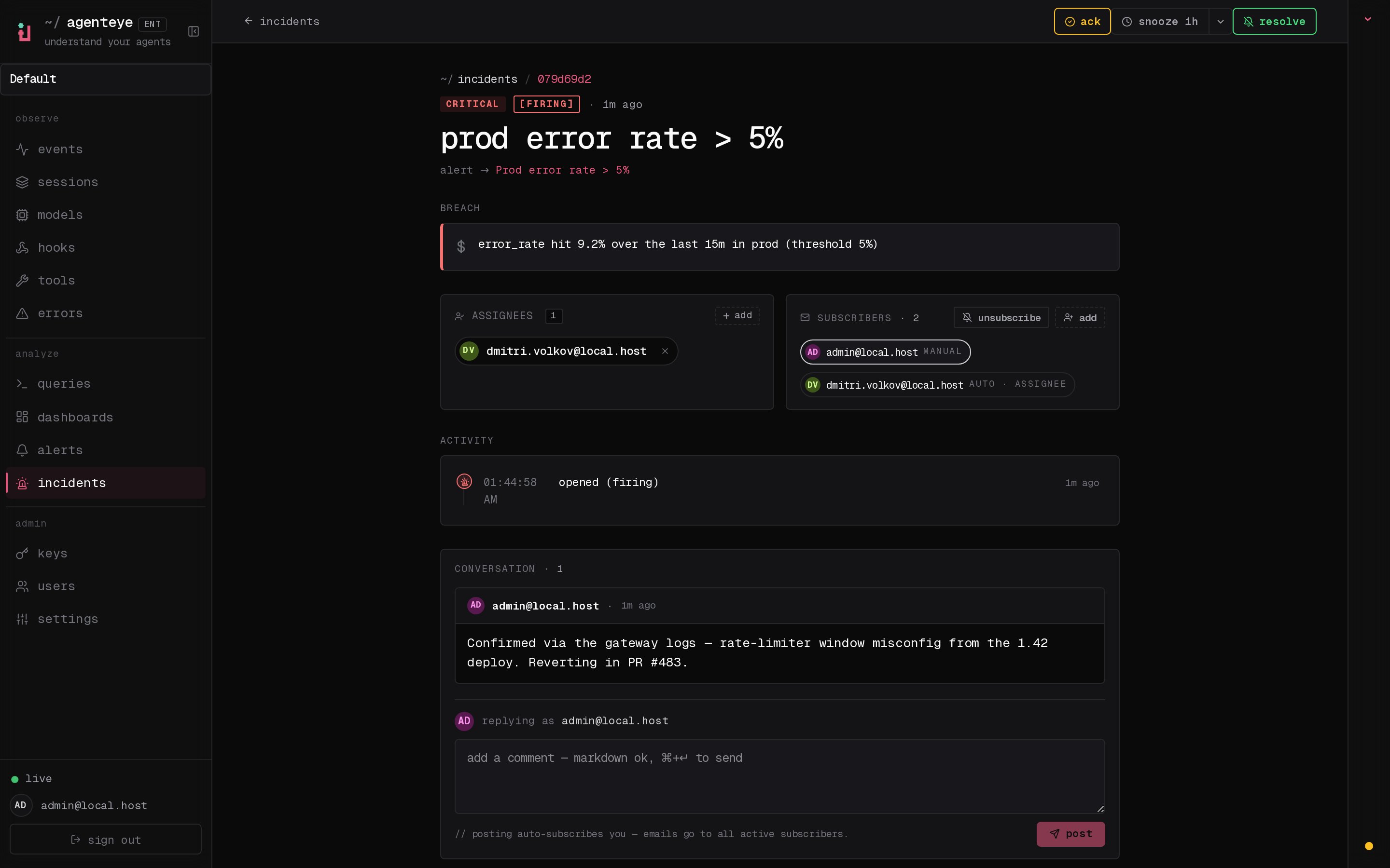 An incident detail view: the parent alert, breach summary, assignees, subscribers, attributed activity log, and conversation