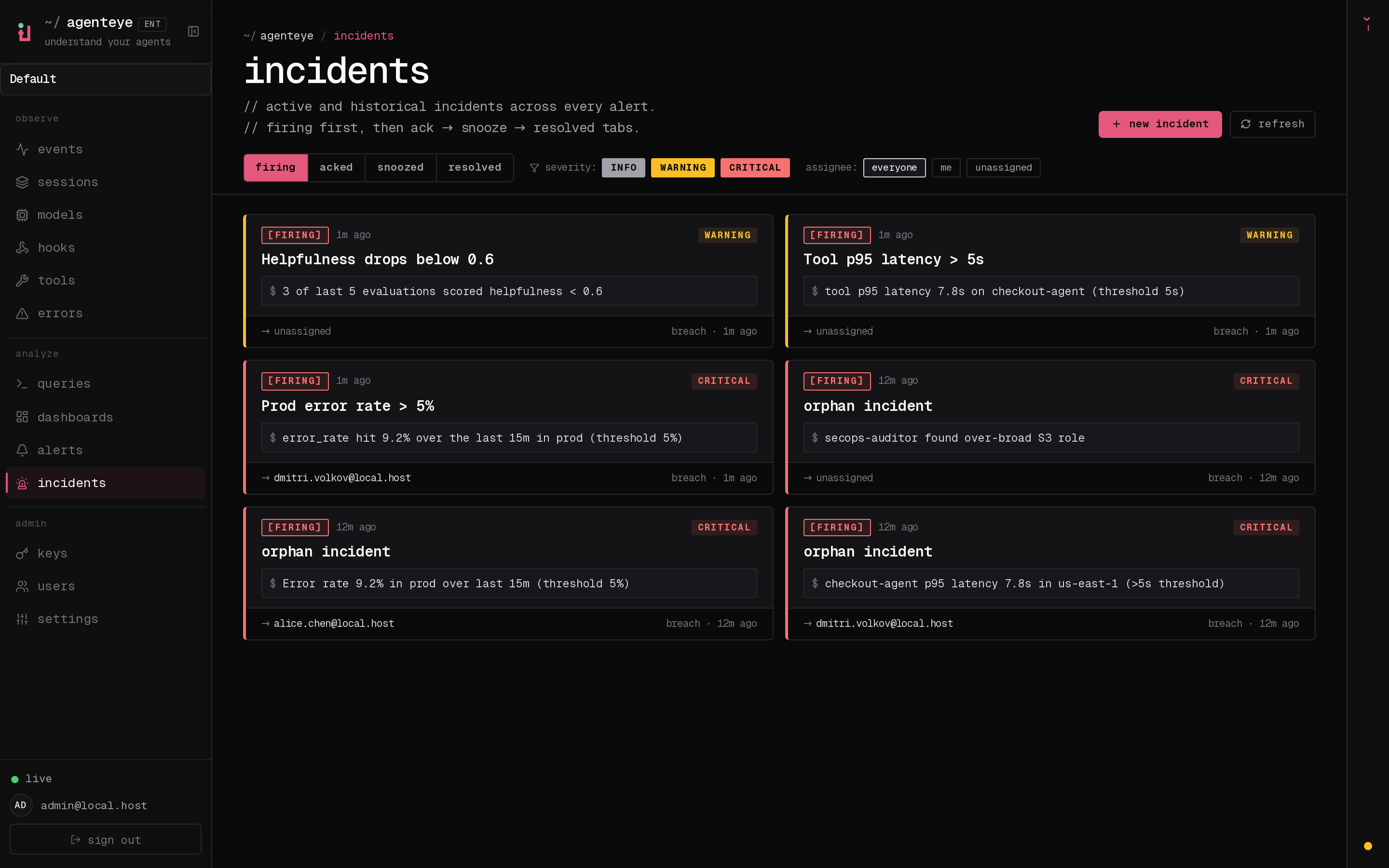 The Incidents inbox showing alert-linked and ad-hoc incident cards with severity badges and assignees