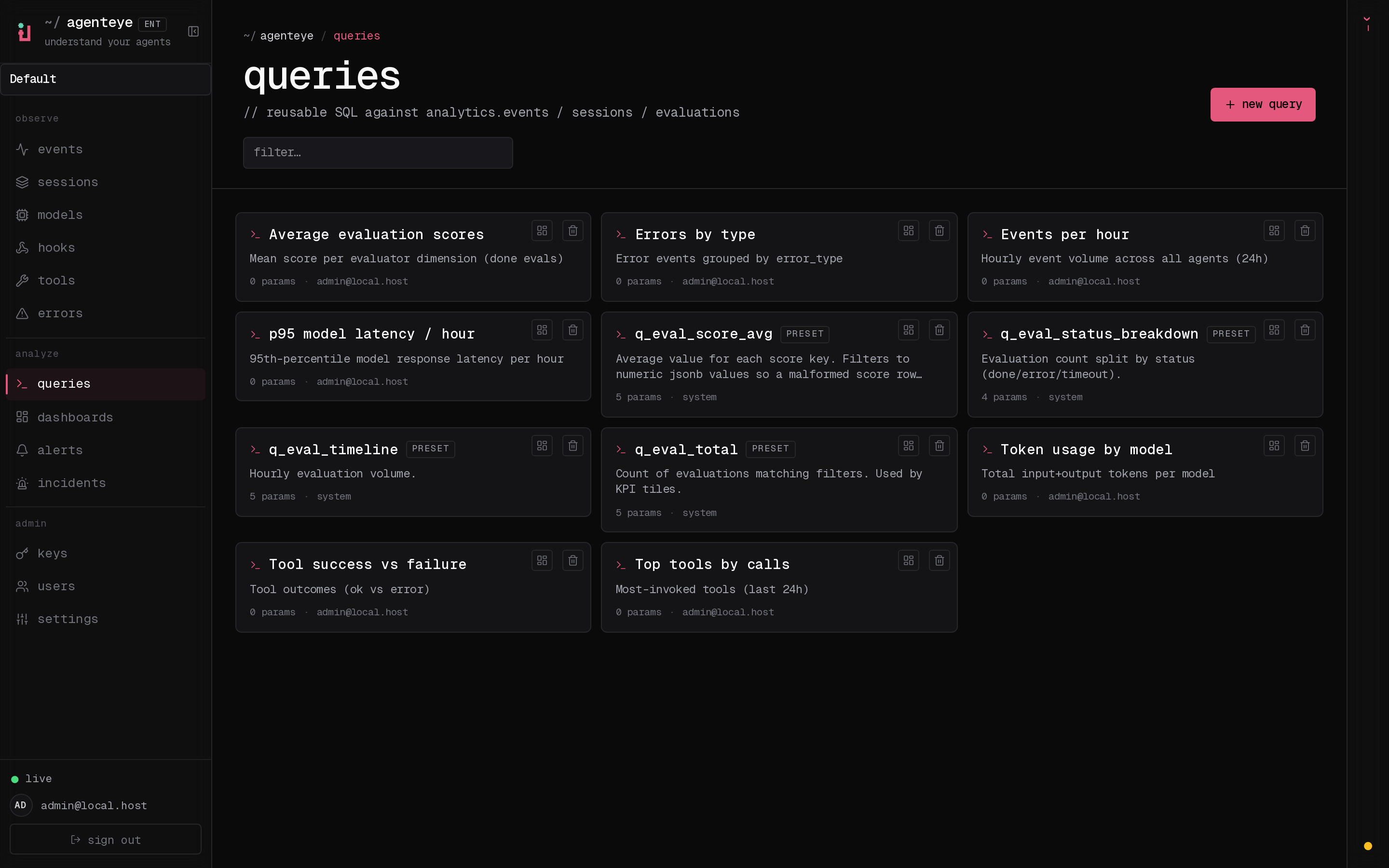 The saved-queries library: a grid of reusable queries, both built-in presets and custom ones
