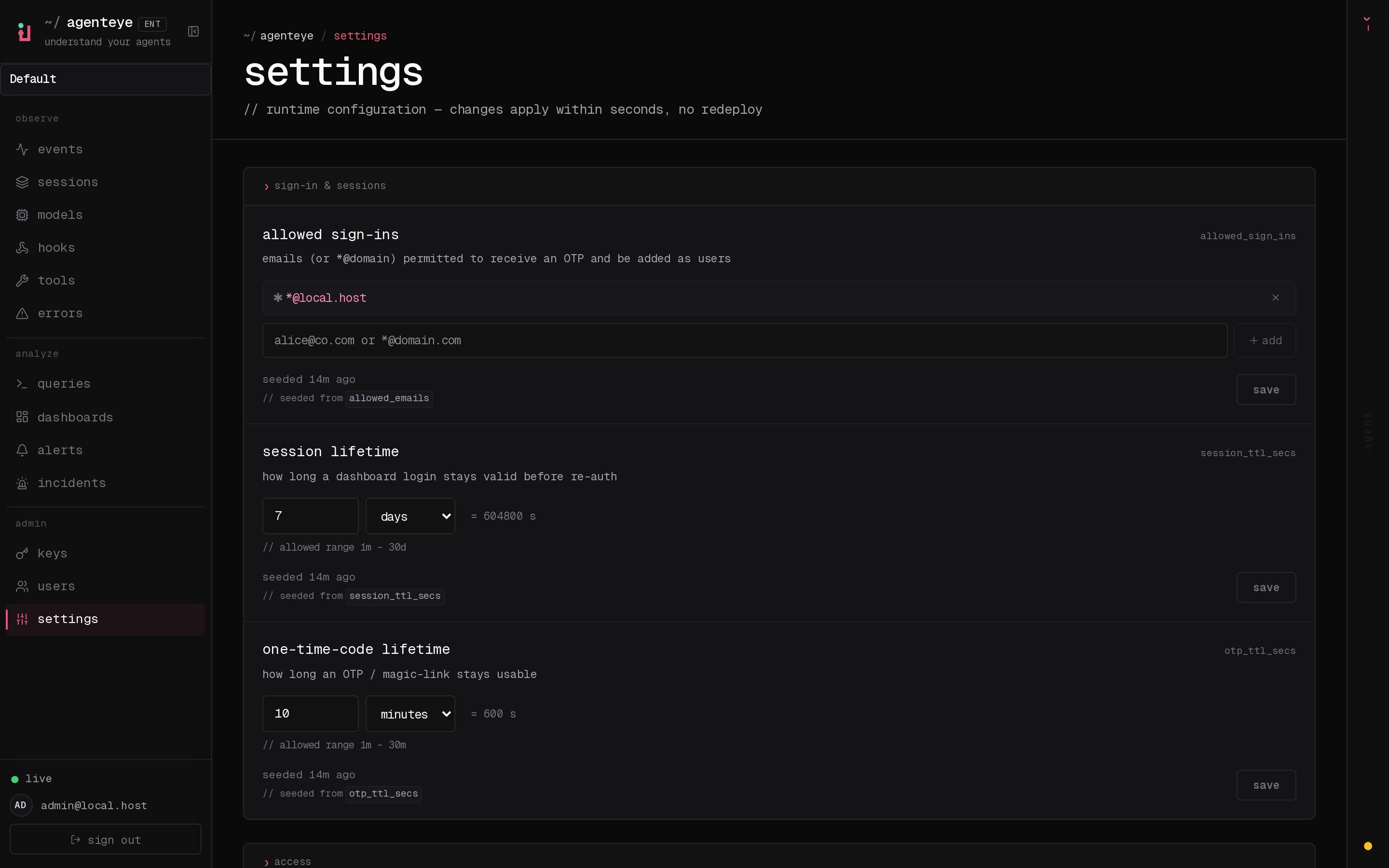 The Settings page: dashboard-managed operational settings such as allowed sign-ins and session/OTP lifetimes, editable without a restart