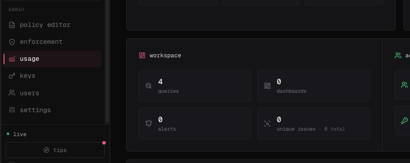 The Admin section of the Cloud sidebar with policy editor, enforcement, usage, keys, users, and settings.