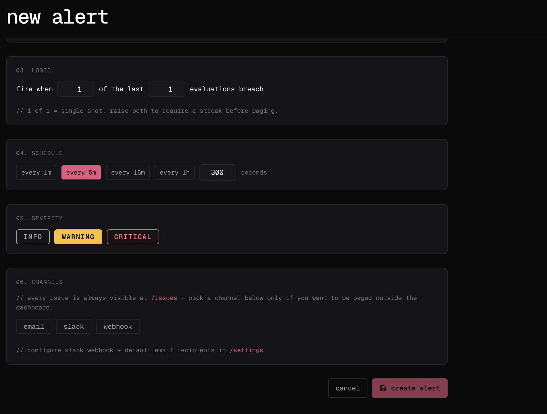 The second part of the new-alert form with breach logic, schedule, severity, delivery channels, and create action.