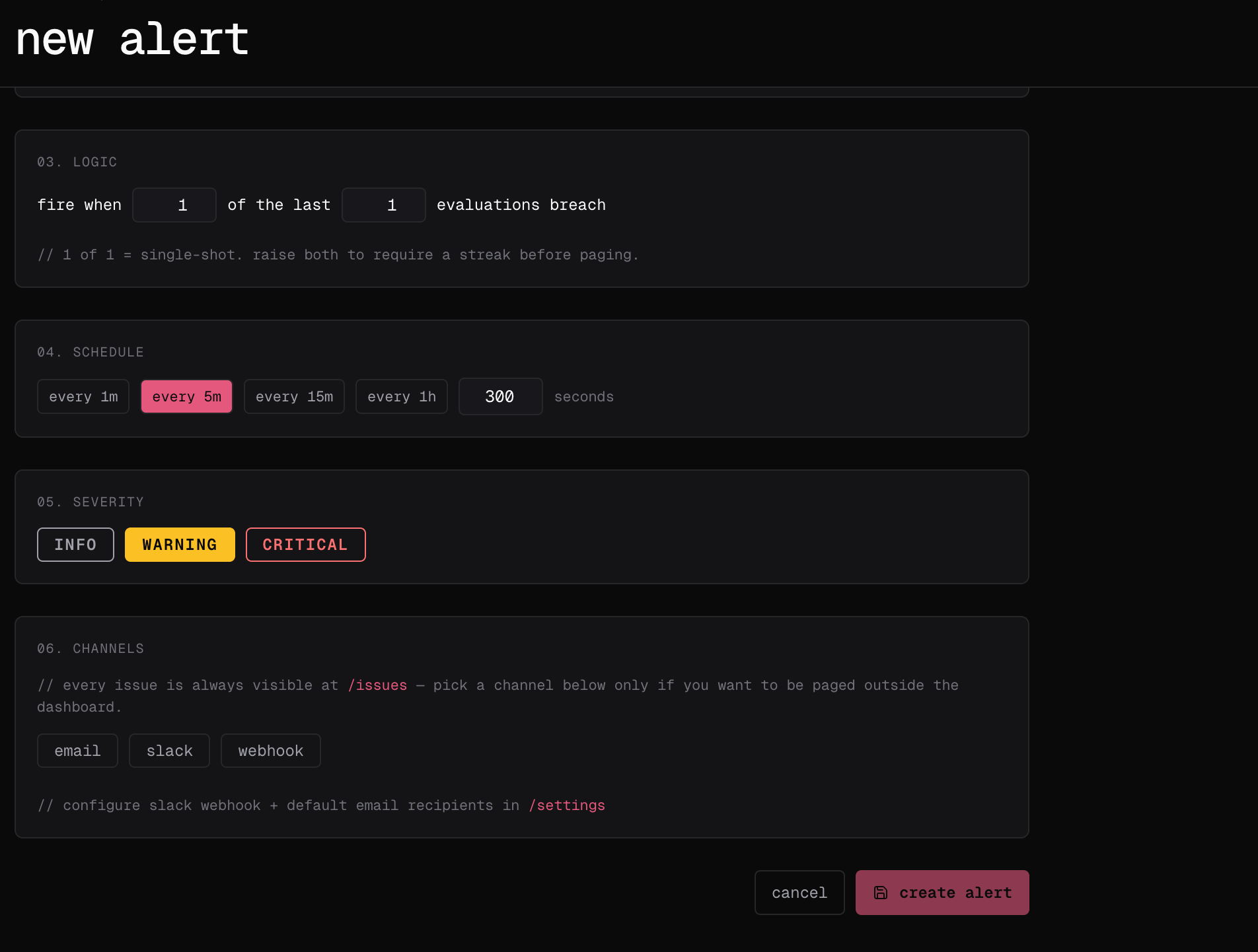 新規アラートフォームの後半部分。違反ロジック、スケジュール、重大度、配信チャンネル、作成アクションを設定します。