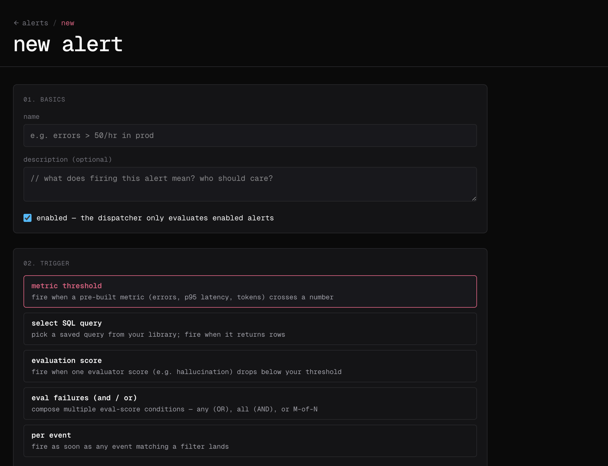 The first part of the new-alert form with its name, description, enabled state, and trigger type.