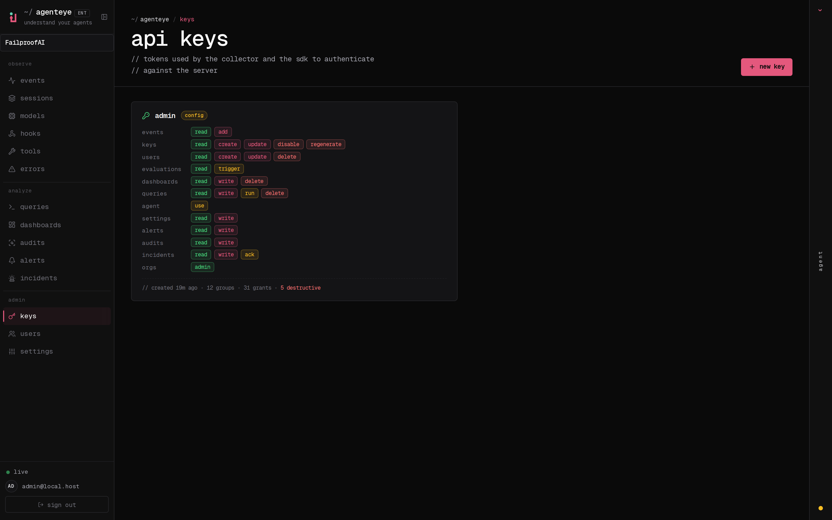 The API Keys page showing key permissions, creation time, and regenerate and disable actions.