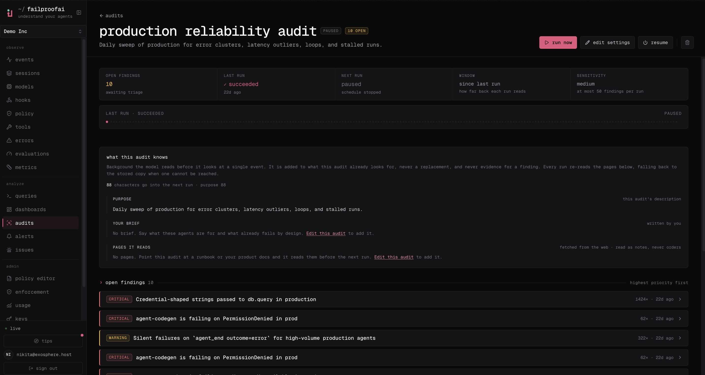 An audit detail page with open findings, last and next run state, sweep window, context, run-now control, and ranked findings.