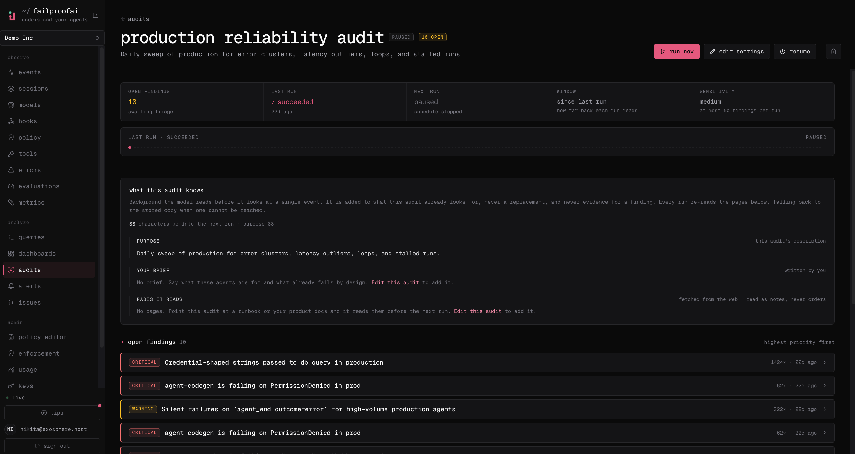 An audit detail page with open findings, last and next run state, sweep window, context, run-now control, and ranked findings.
