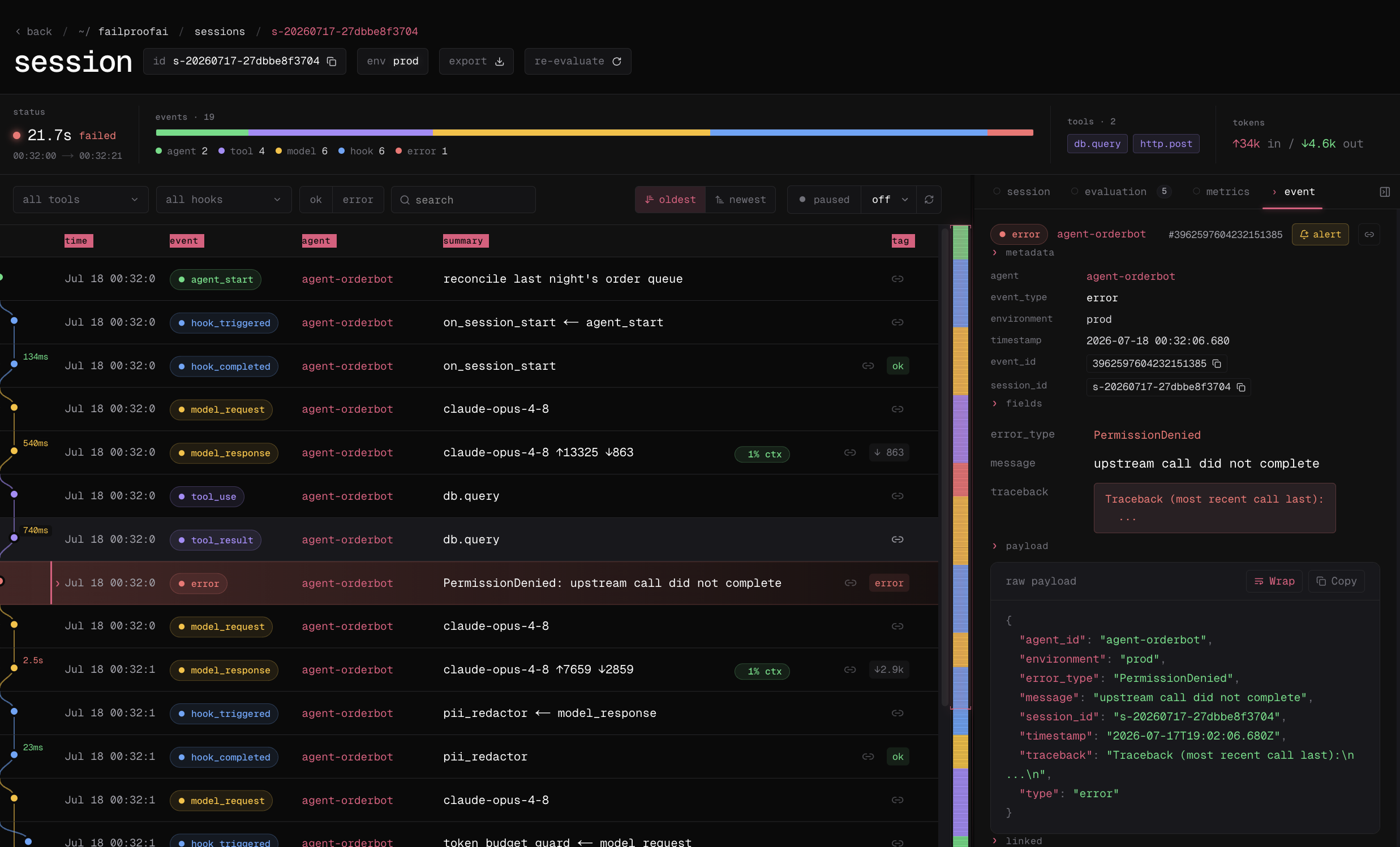 A session linked from an audit finding, opened at the relevant error with its event metadata and raw payload.
