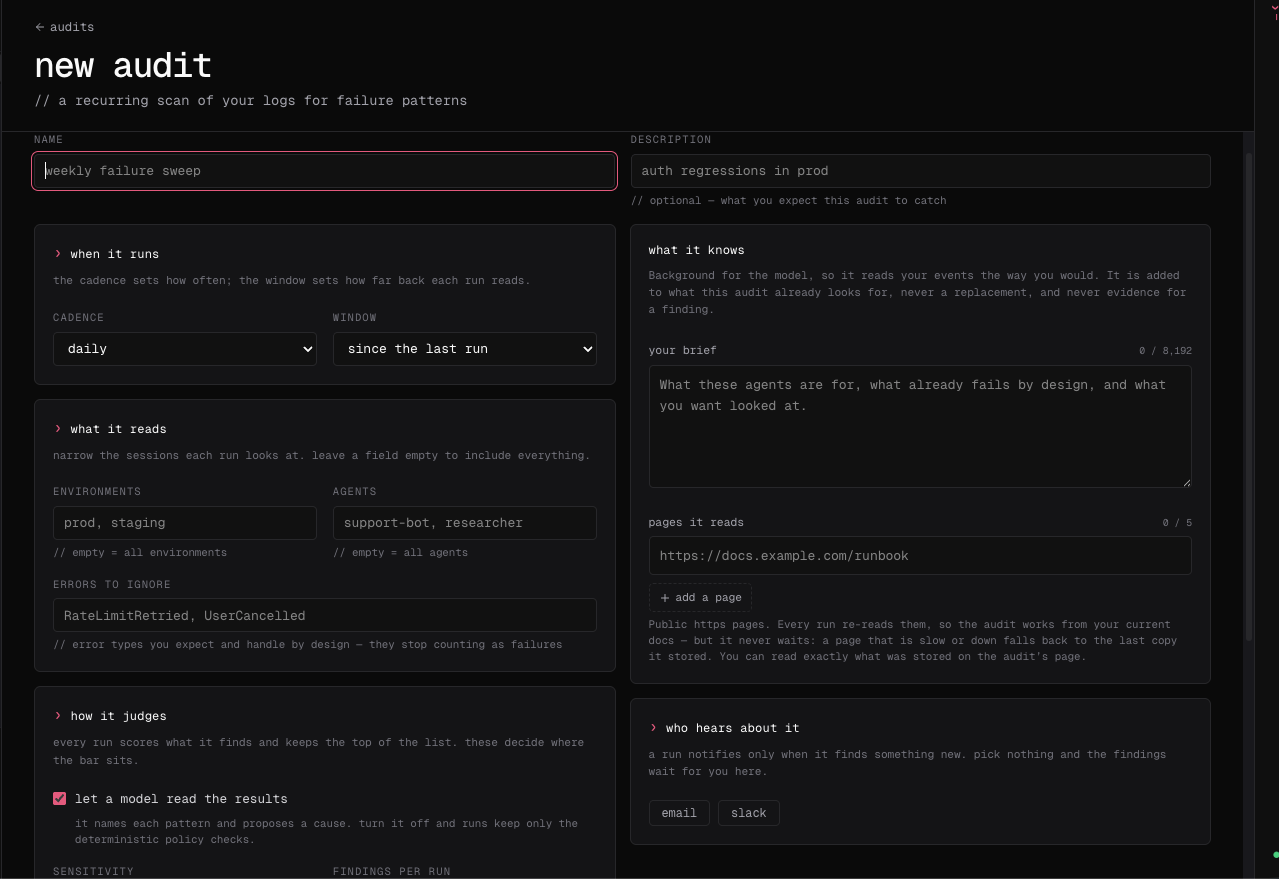 The new audit form with name, description, cadence, window, environment and agent scope, ignored errors, analysis settings, brief, reference pages, and notification channels.