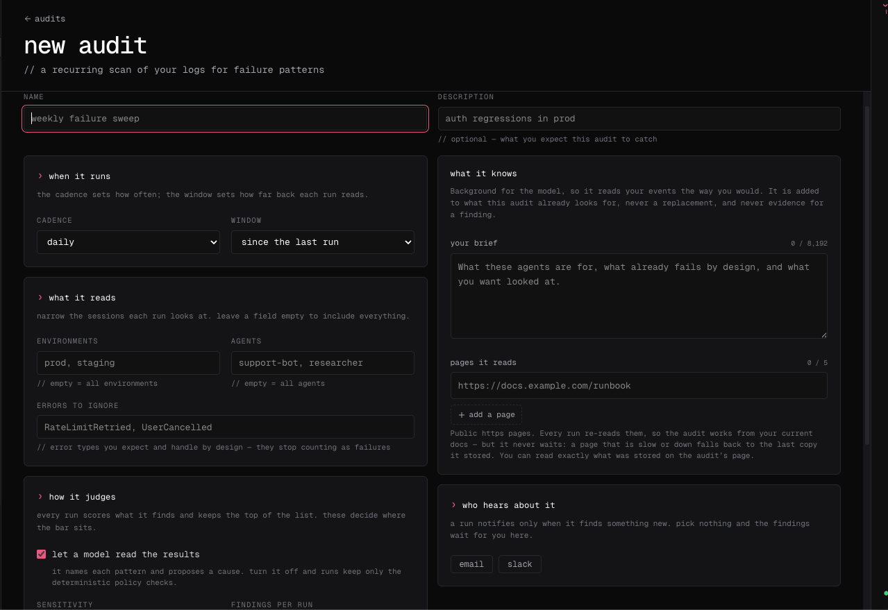 The new audit form with name, description, cadence, window, environment and agent scope, ignored errors, analysis settings, brief, reference pages, and notification channels.