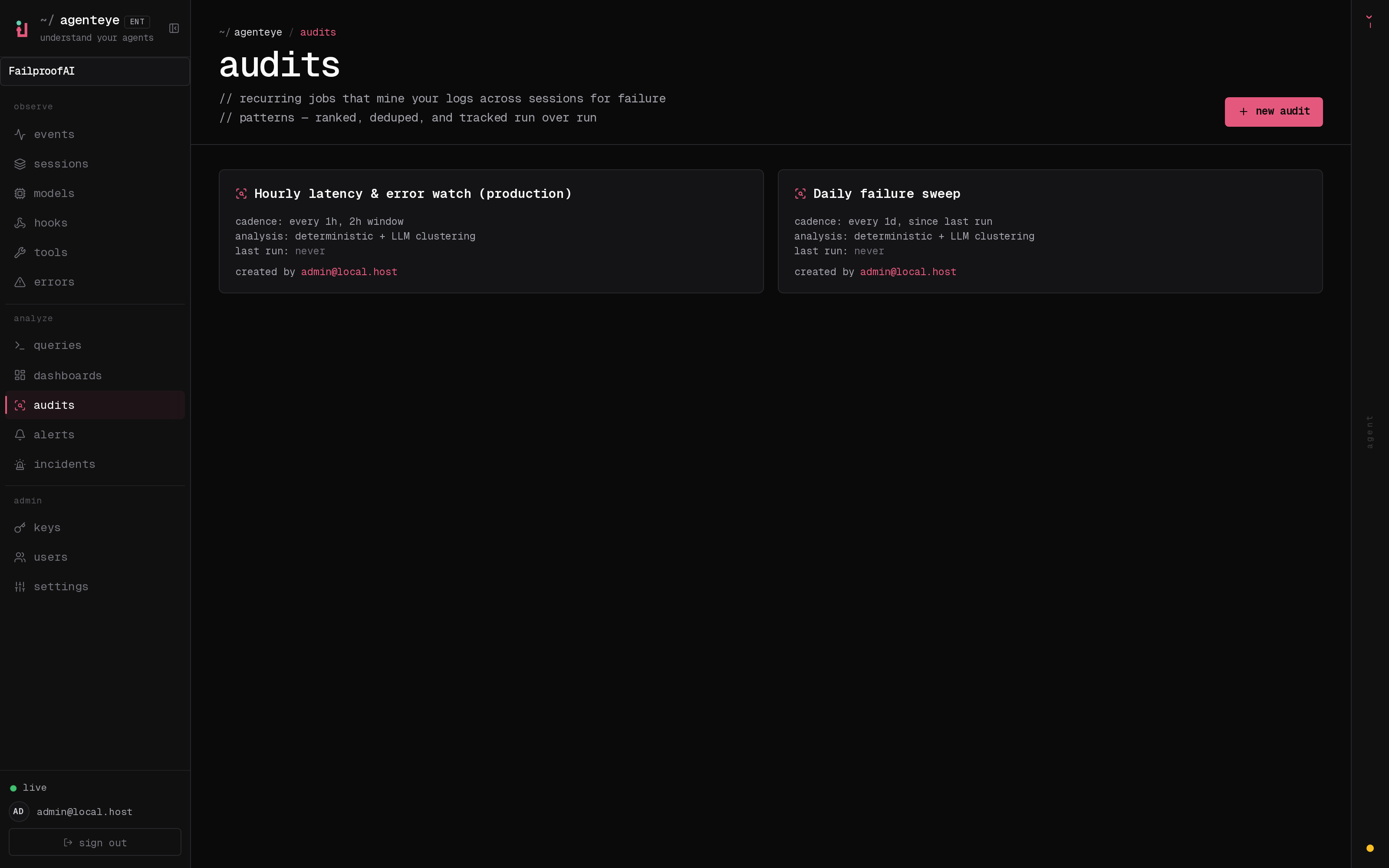The Audits page showing recurring audits with their schedule, sensitivity, and run state.