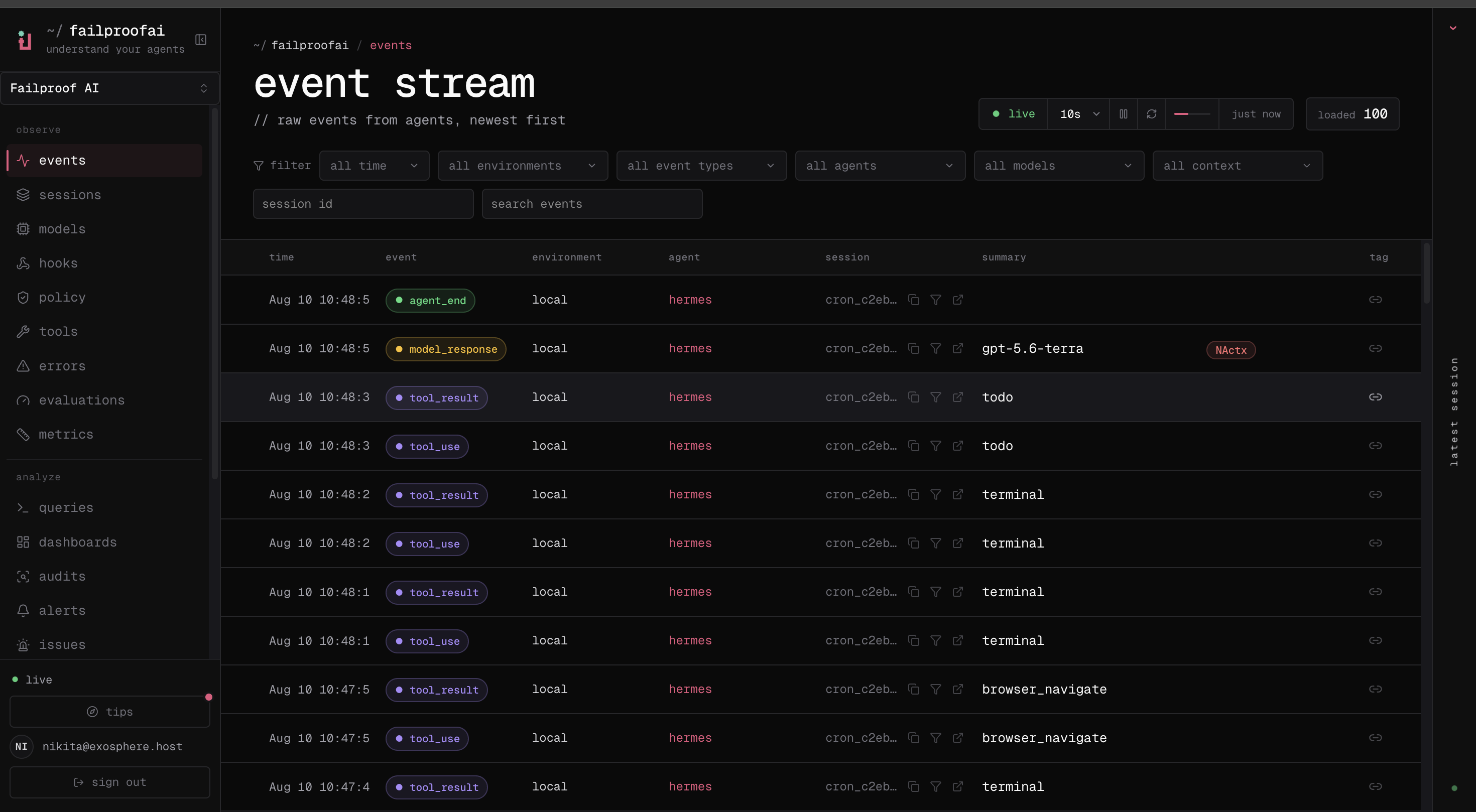 The live event stream showing recent agent, model, and tool events.
