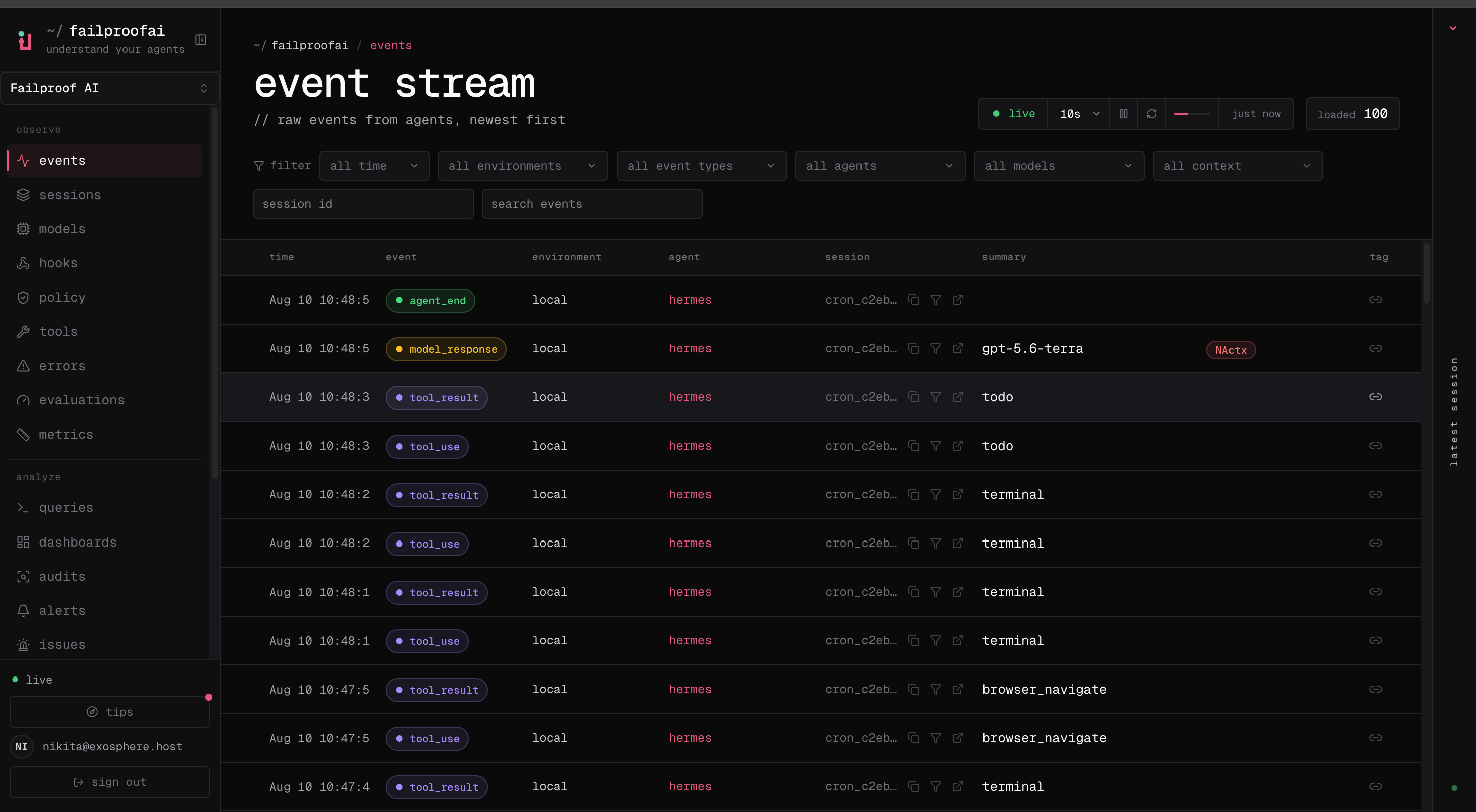 The live event stream showing recent agent, model, and tool events.