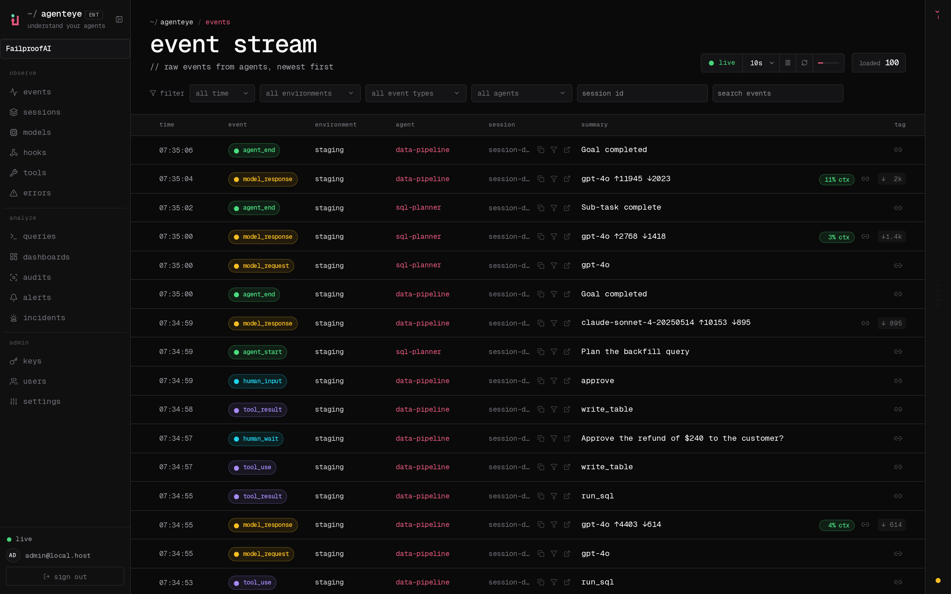 The live Events stream used to confirm a newly installed harness is reporting.