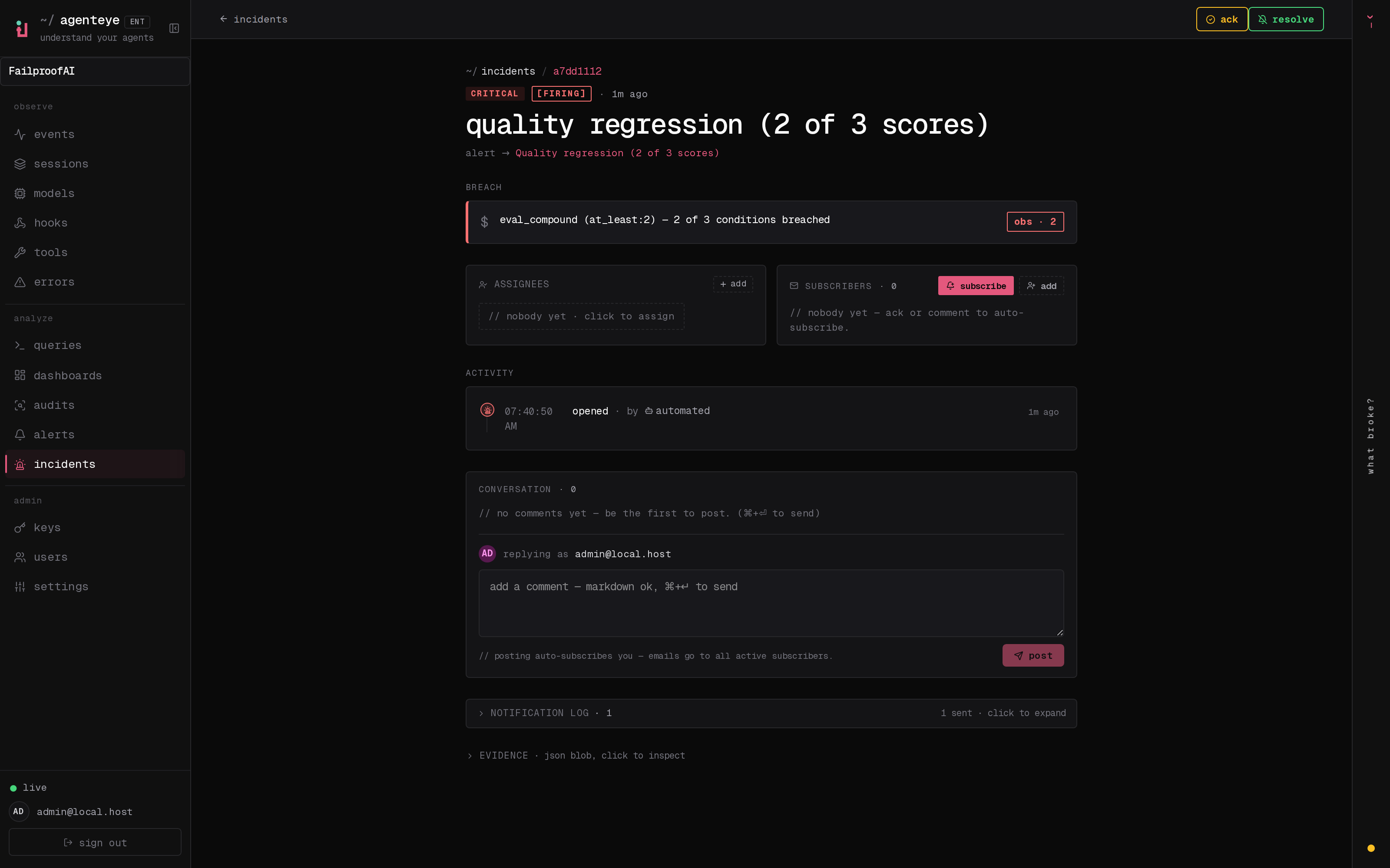 An issue detail view with its source, breach evidence, assignees, subscribers, timeline, and comments.