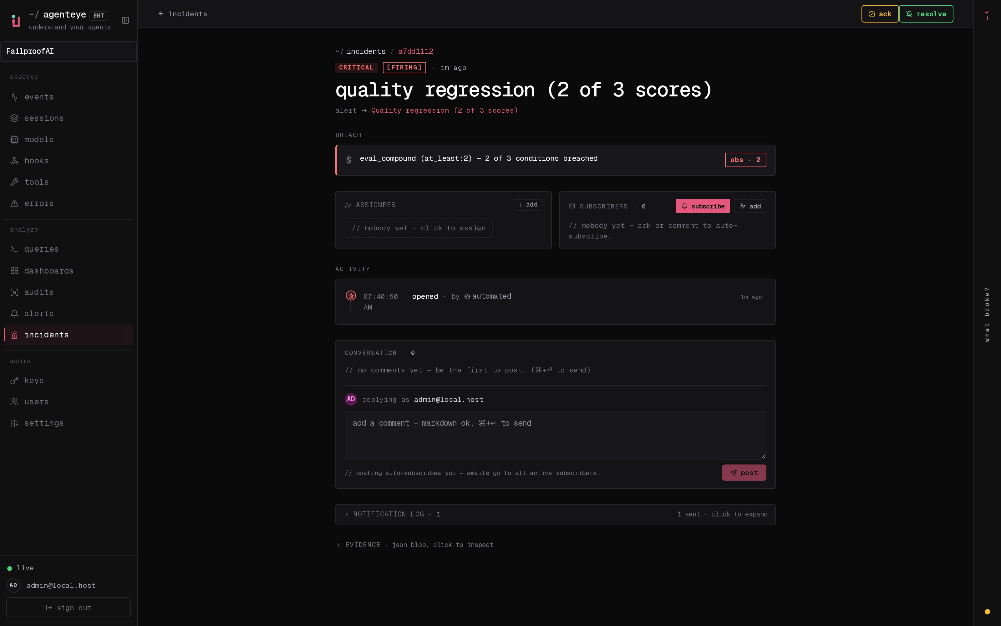 An issue detail view with its source, breach evidence, assignees, subscribers, timeline, and comments.