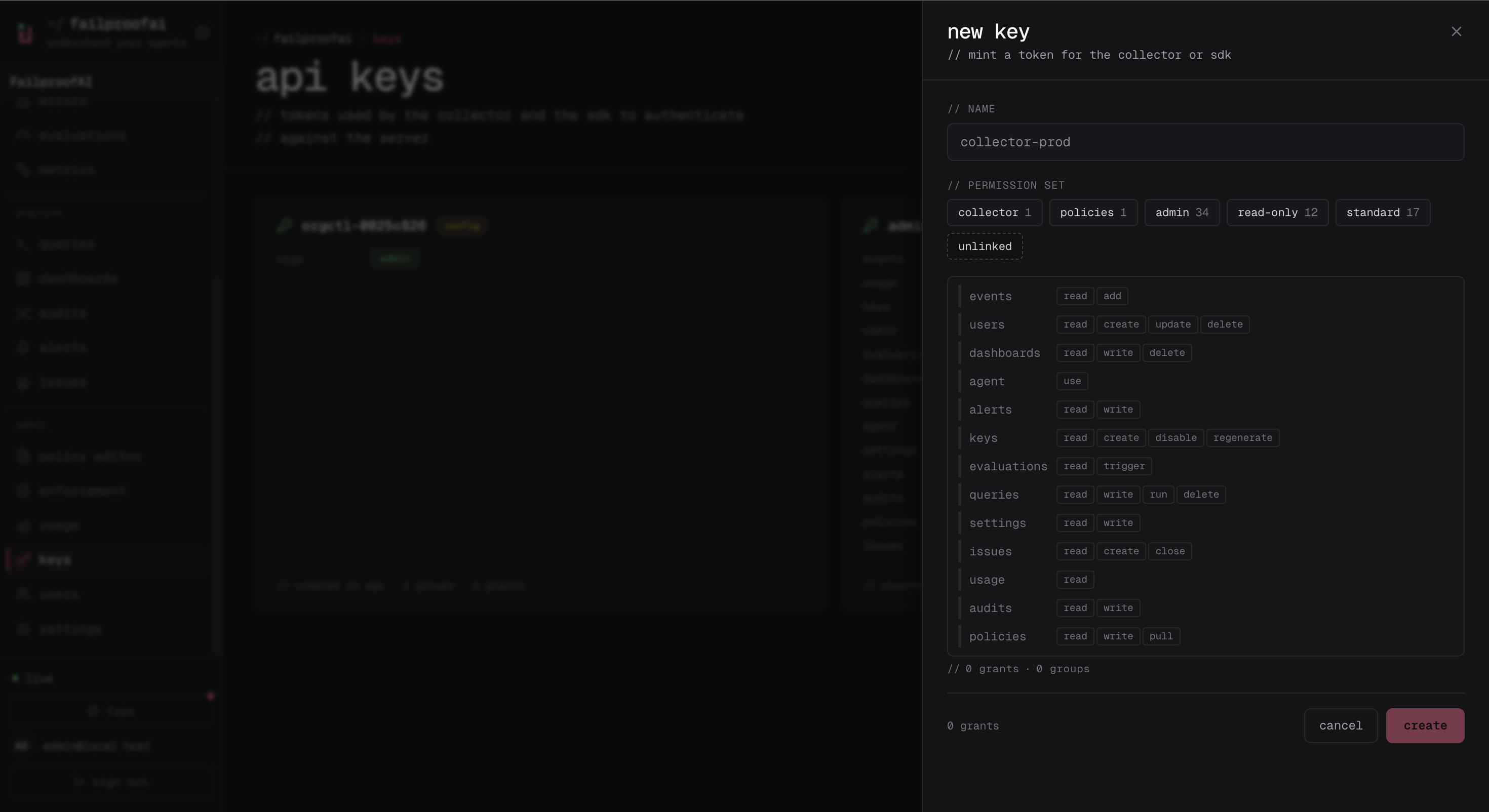 The new API key drawer used to grant event ingestion and policy delivery permissions.