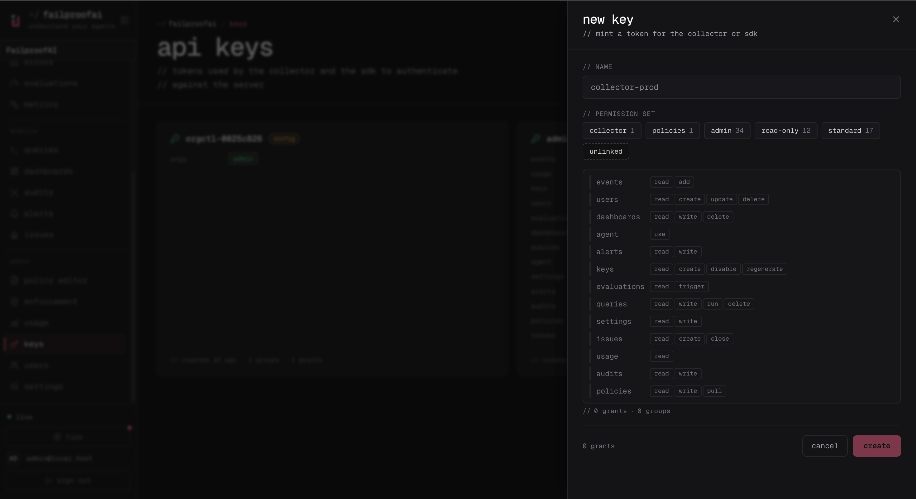 The new API key drawer used to grant event ingestion and policy delivery permissions.