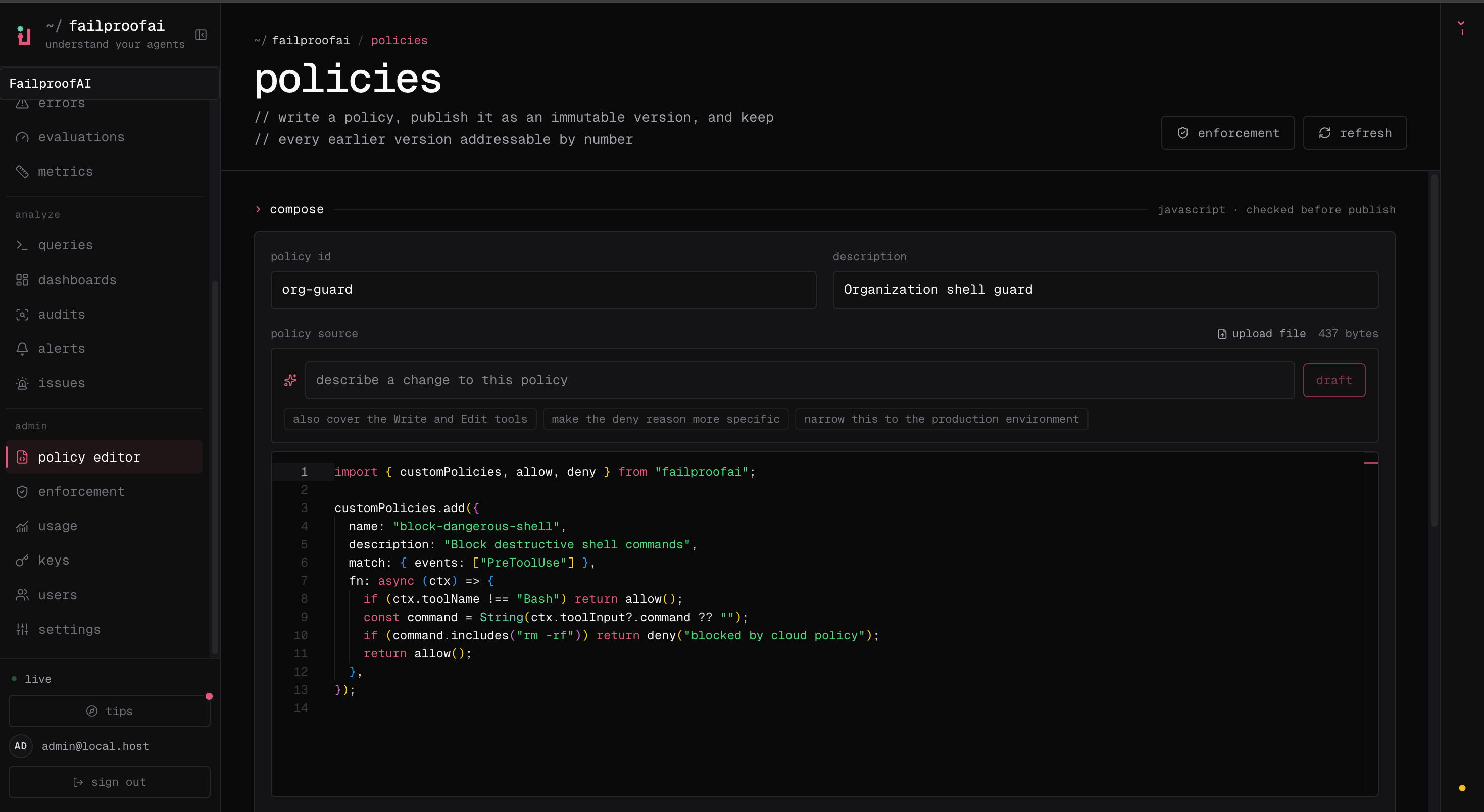 The Policy editor compose view with policy identity, AI-assisted drafting, source validation, and publishing controls.