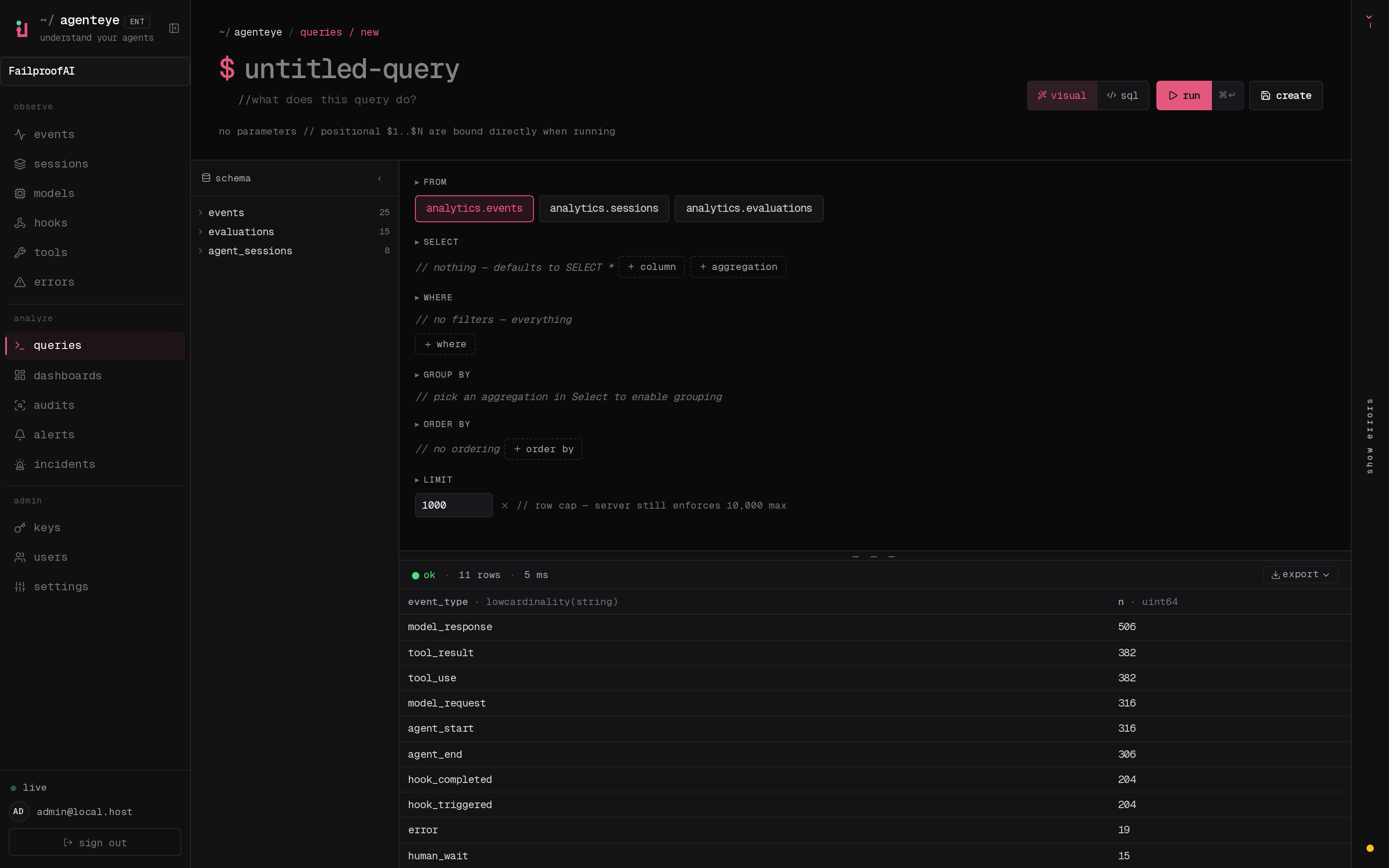 The SQL query editor with a schema browser and live result grid.