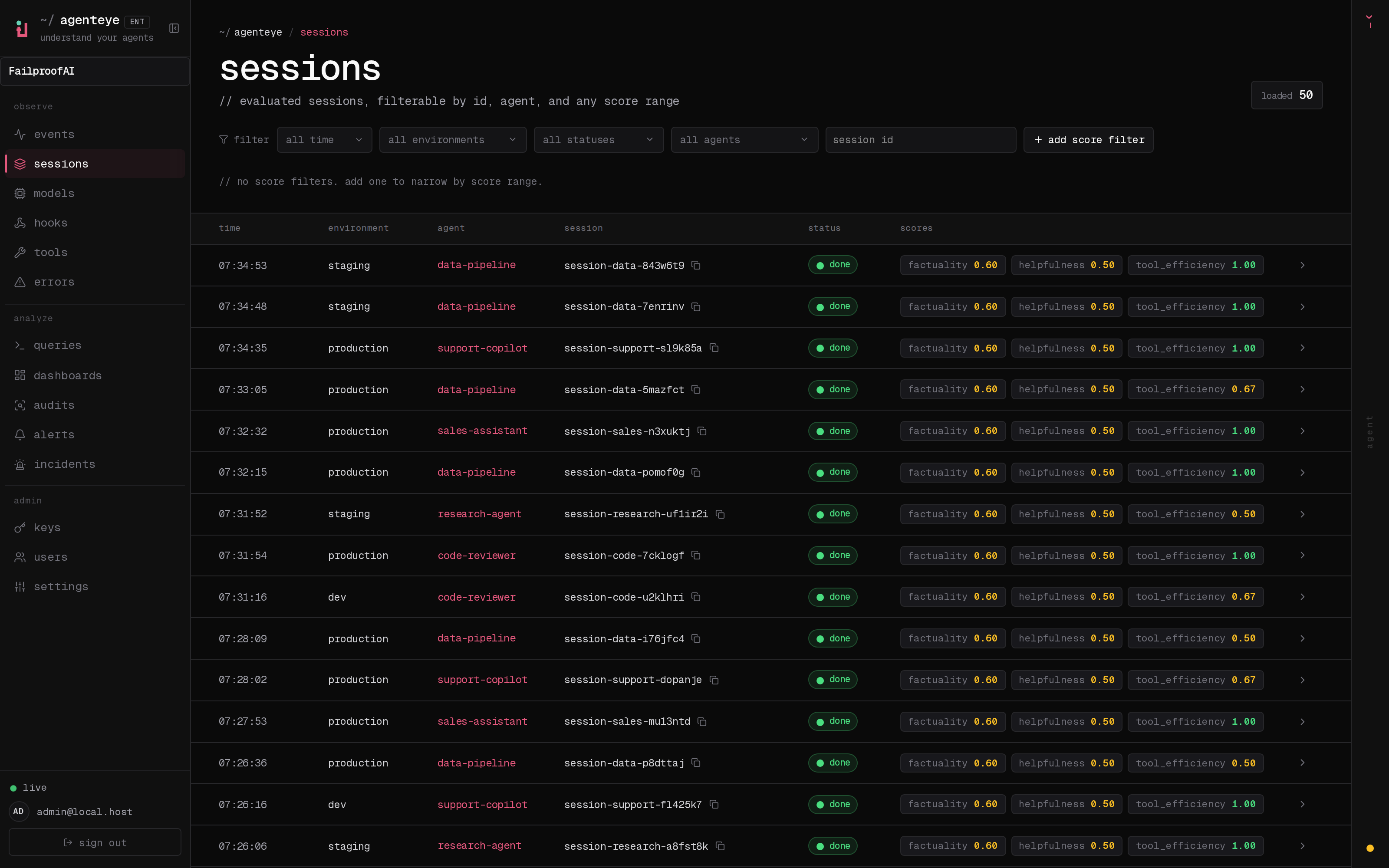 The Sessions list showing one row per run with environment, agent, status, and evaluation score filters.