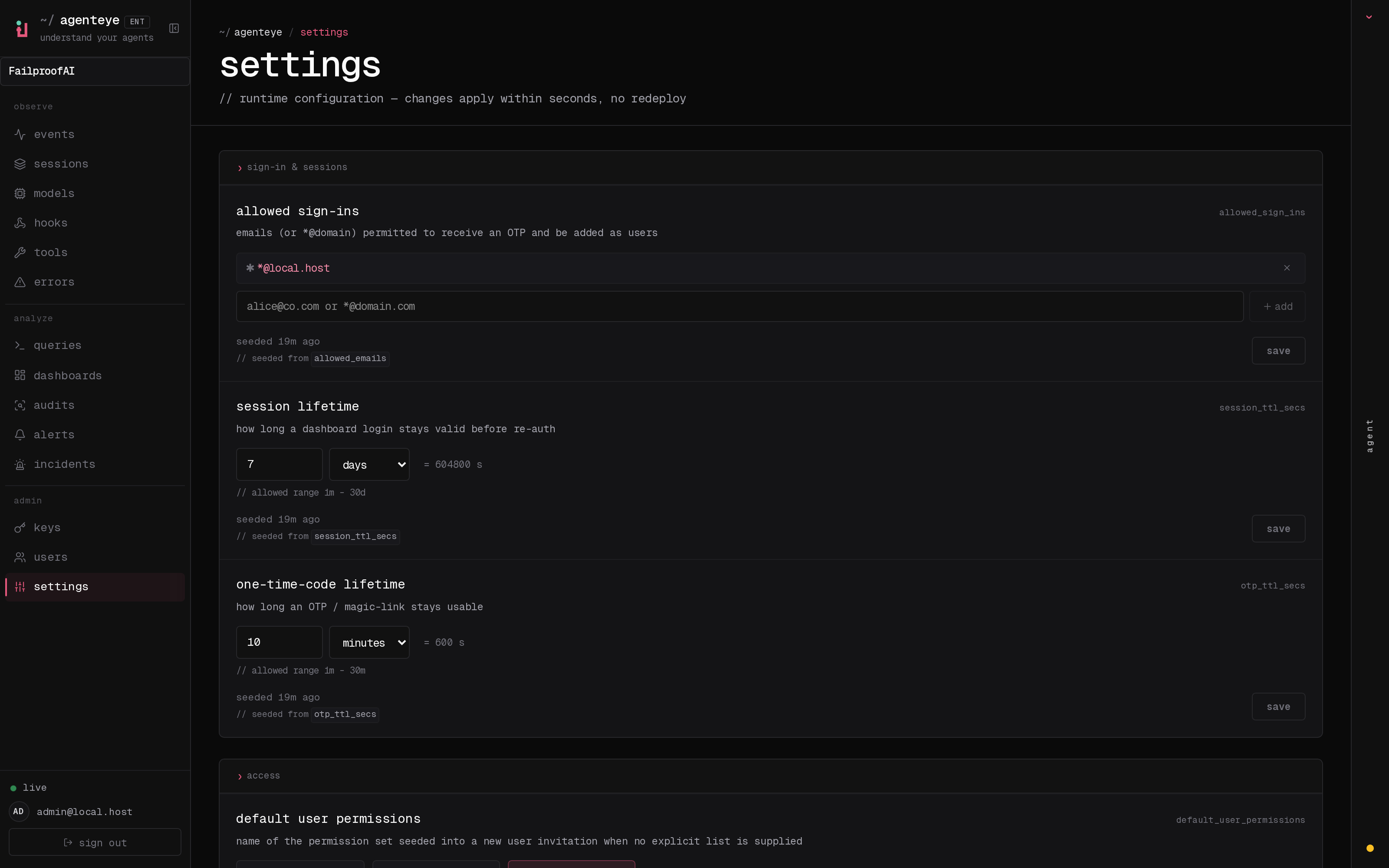 The Settings page showing organization authentication and operational settings.